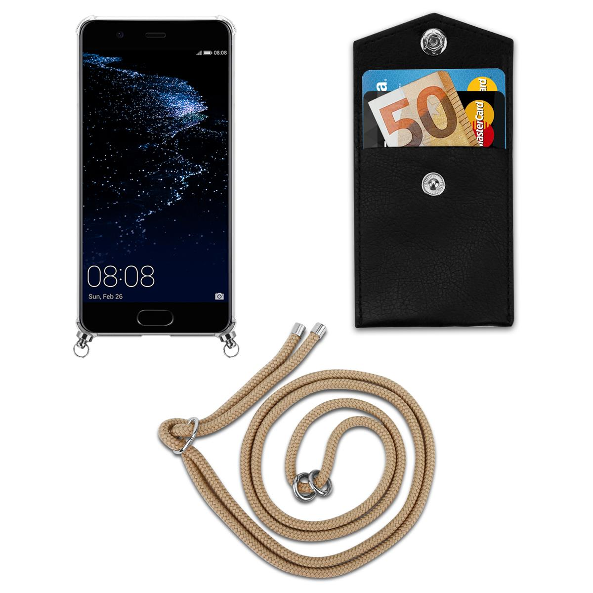 Ein Telefon mit Hülle und Lanyard. Die Hülle hat eine Tasche mit Karten und Geld. Das Lanyard ist beige.