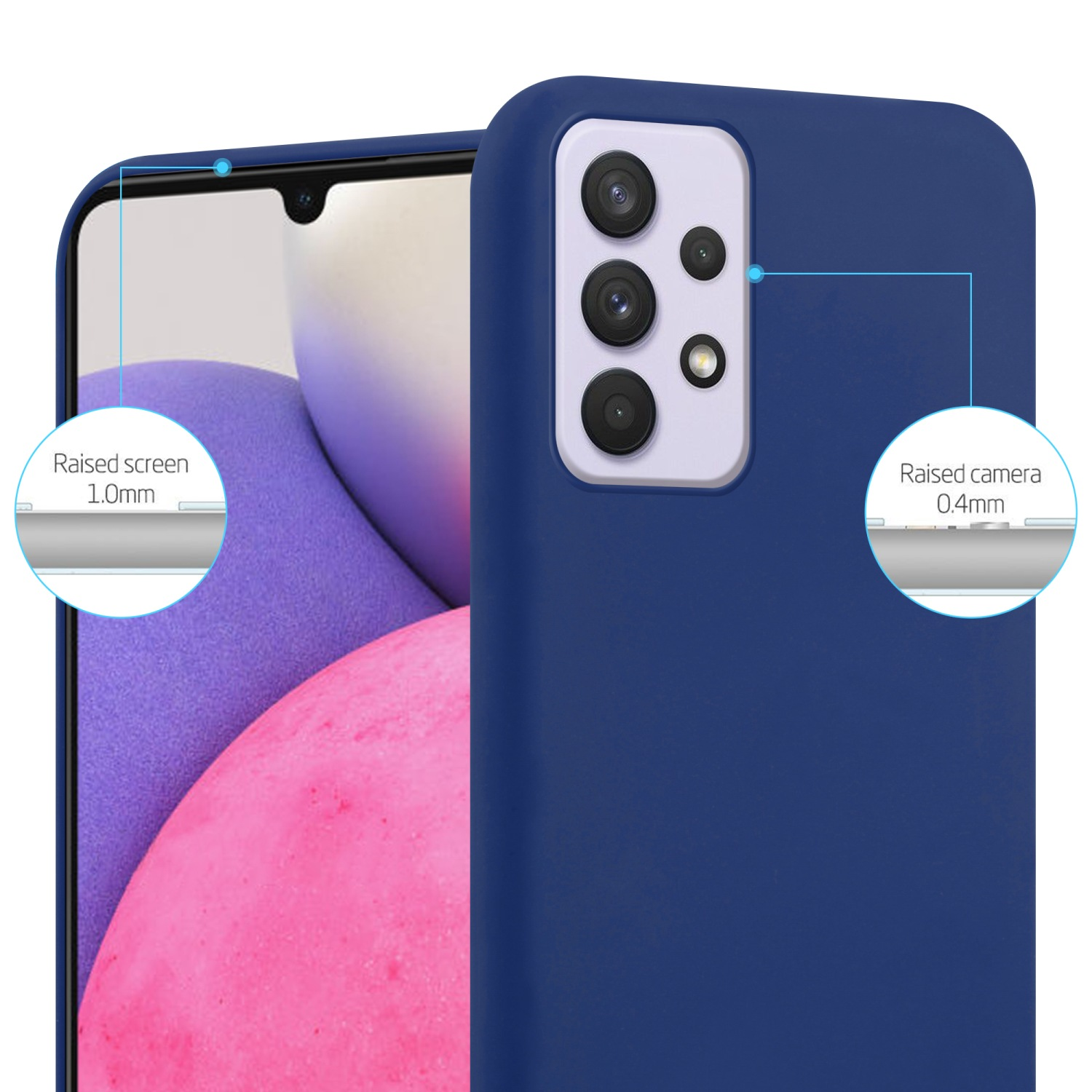 Custodia per telefono blu navy con bordi rialzati per fotocamera e schermo. Il testo indica rispettivamente 1,0 mm e 0,4 mm.
