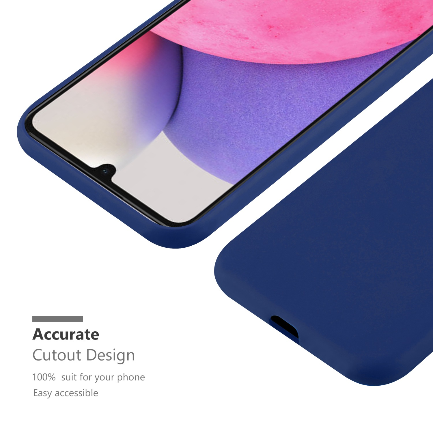 Un telefono in una custodia blu. L'immagine mostra il design del ritaglio del telefono.