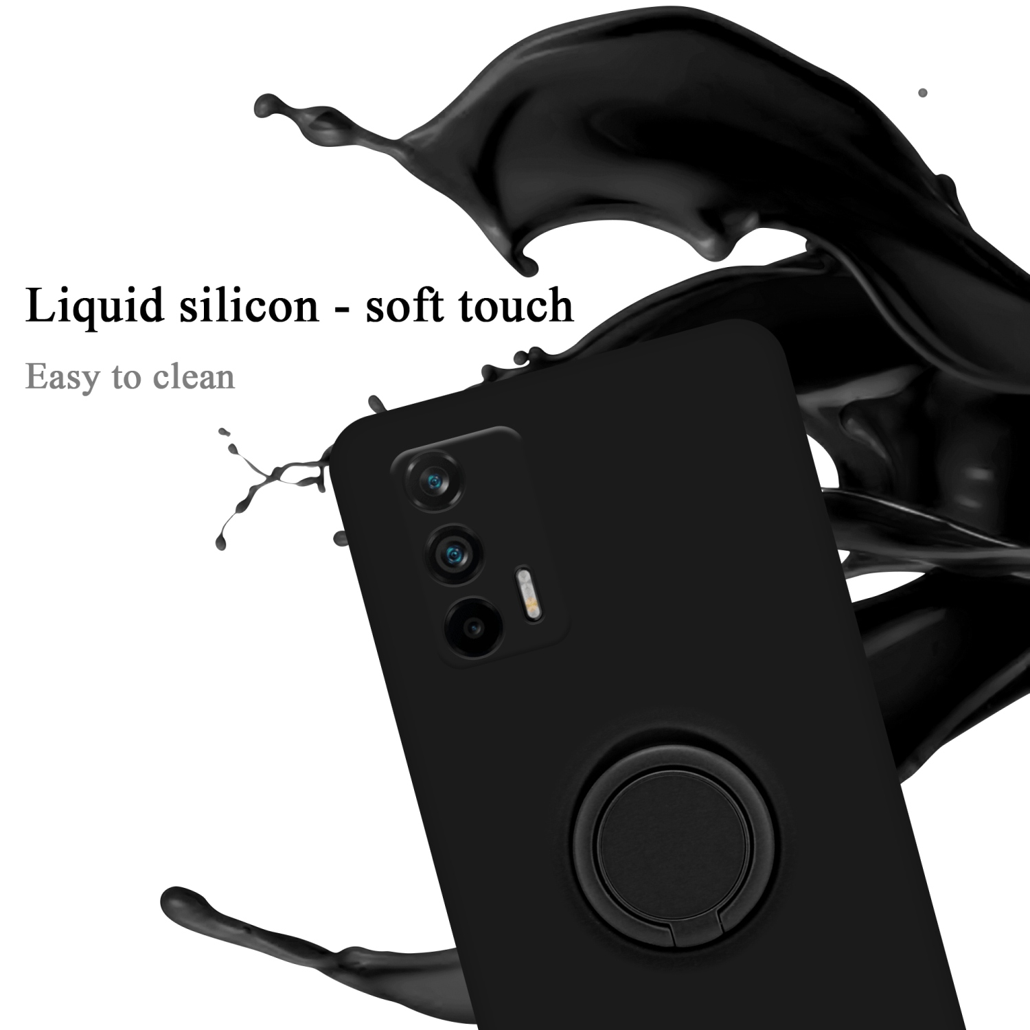 Un telefono nero con un supporto ad anello, silicone liquido. Uno schizzo di liquido nero sullo sfondo.
