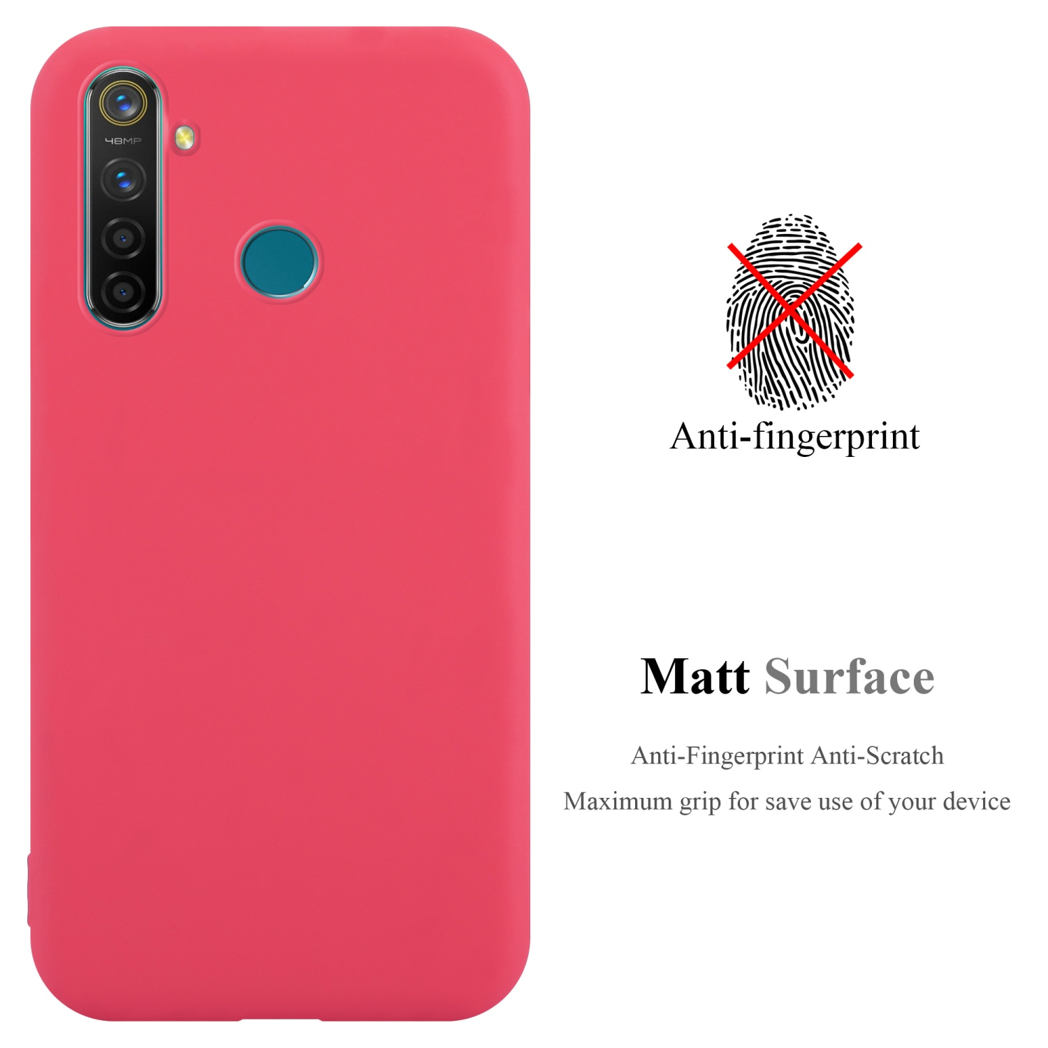 Custodia per telefono rossa con anti-impronta, superficie opaca. Testo: Anti-impronta, Anti-graffio, massima presa.