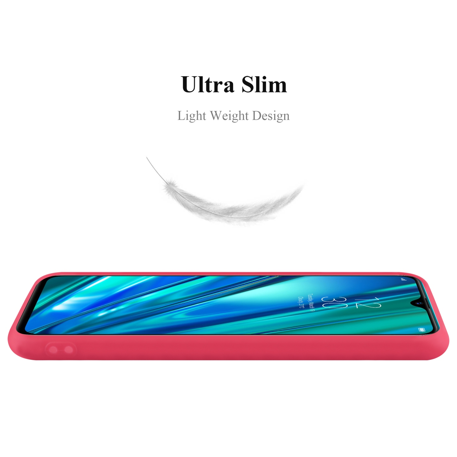 Una custodia per telefono rossa vista lateralmente, con grafica a piuma bianca. Testo: 'Ultra Slim, Design leggero'.