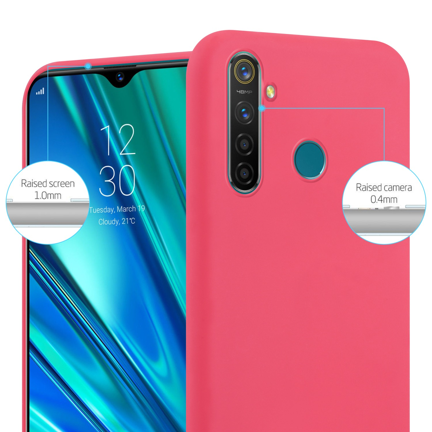 Custodia rosa per telefono con dettagli della fotocamera e dello schermo. Etichette: Schermo rialzato 1,0 mm, fotocamera 0,4 mm.