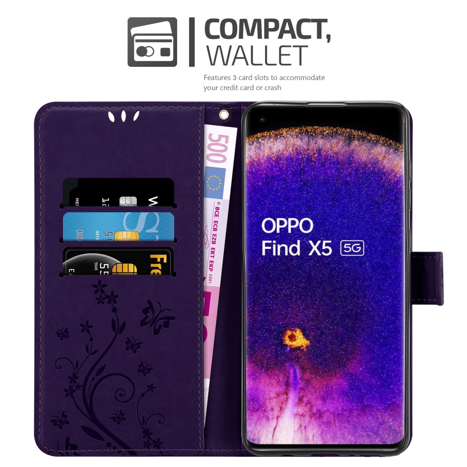 Una custodia a portafoglio viola con carte, denaro e un telefono che mostra il logo Oppo Find X5 5G.