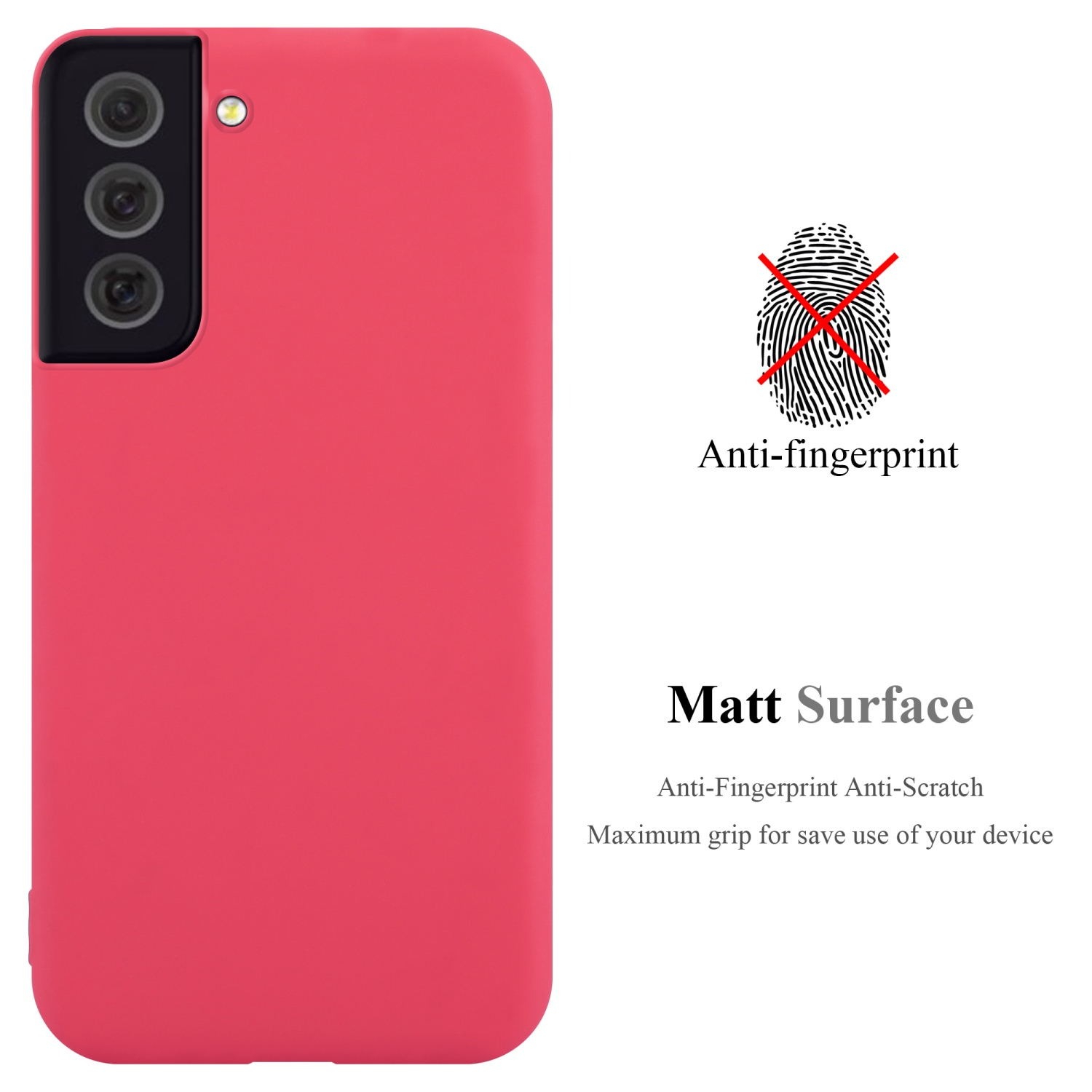 Rote Handyhülle, matte Oberfläche. Anti-Fingerabdruck-Symbol. Text: Matte Oberfläche, Anti-Fingerabdruck, maximaler Grip.