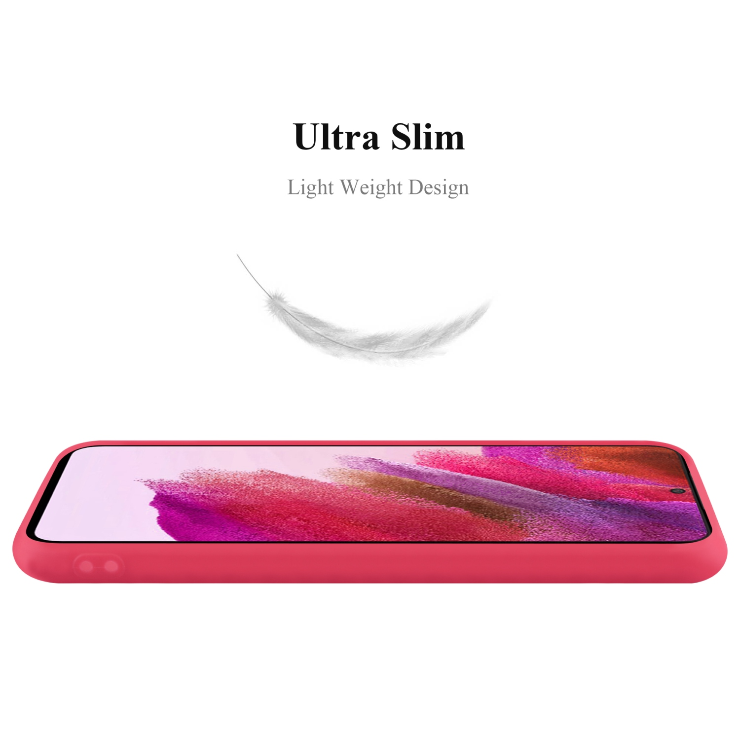 Rote Handyhülle, Text: Ultra Slim, Light Weight Design, mit einer Feder.