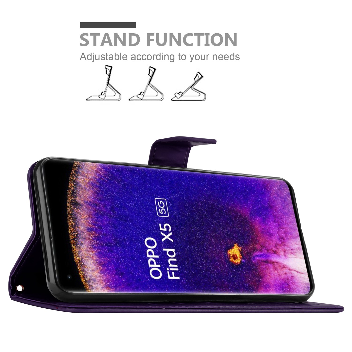 Custodia viola per telefono con telefono all'interno. Il telefono mostra OPPO Find X5 5G. Testo: Funzione supporto.