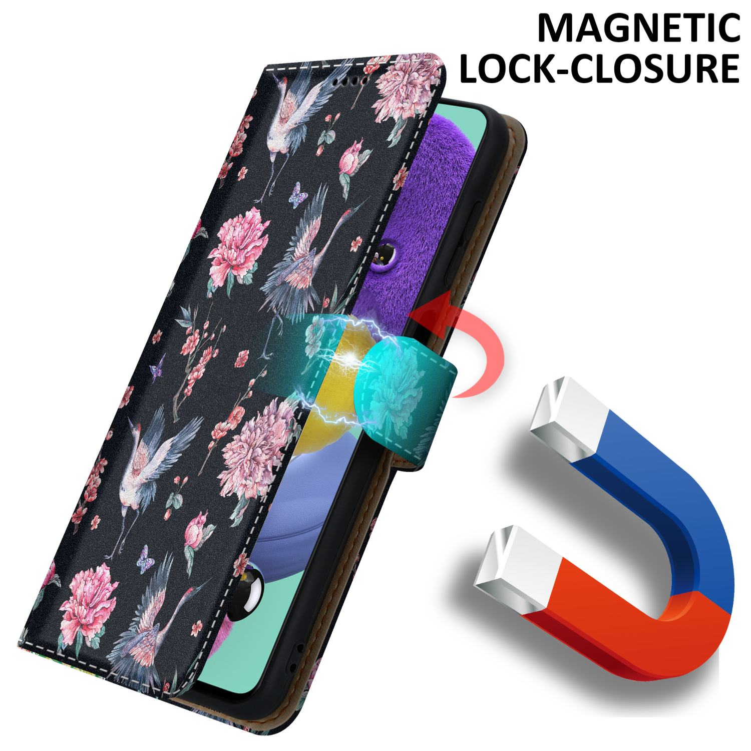 Custodia per telefono nera con design floreale e magneti. La custodia è aperta, mostrando lo schermo. Un magnete è accanto.