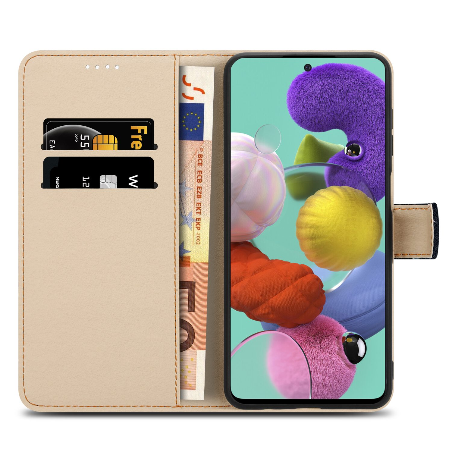 Custodia beige, aperta per rivelare carte e denaro, con il telefono all'interno. Testo: Alternativa al portafoglio.