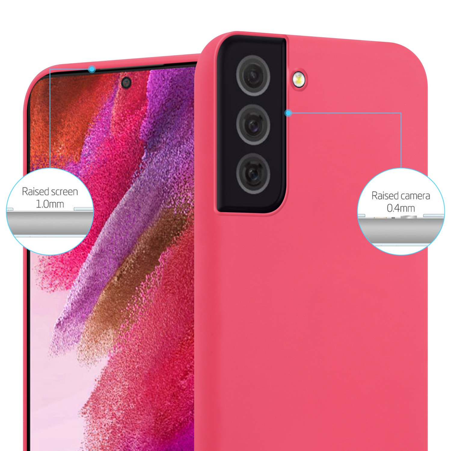 Rosa Handyhülle mit Telefon. Erhöhter Bildschirm und Kamera Details hervorgehoben. Text ist gezeigt.