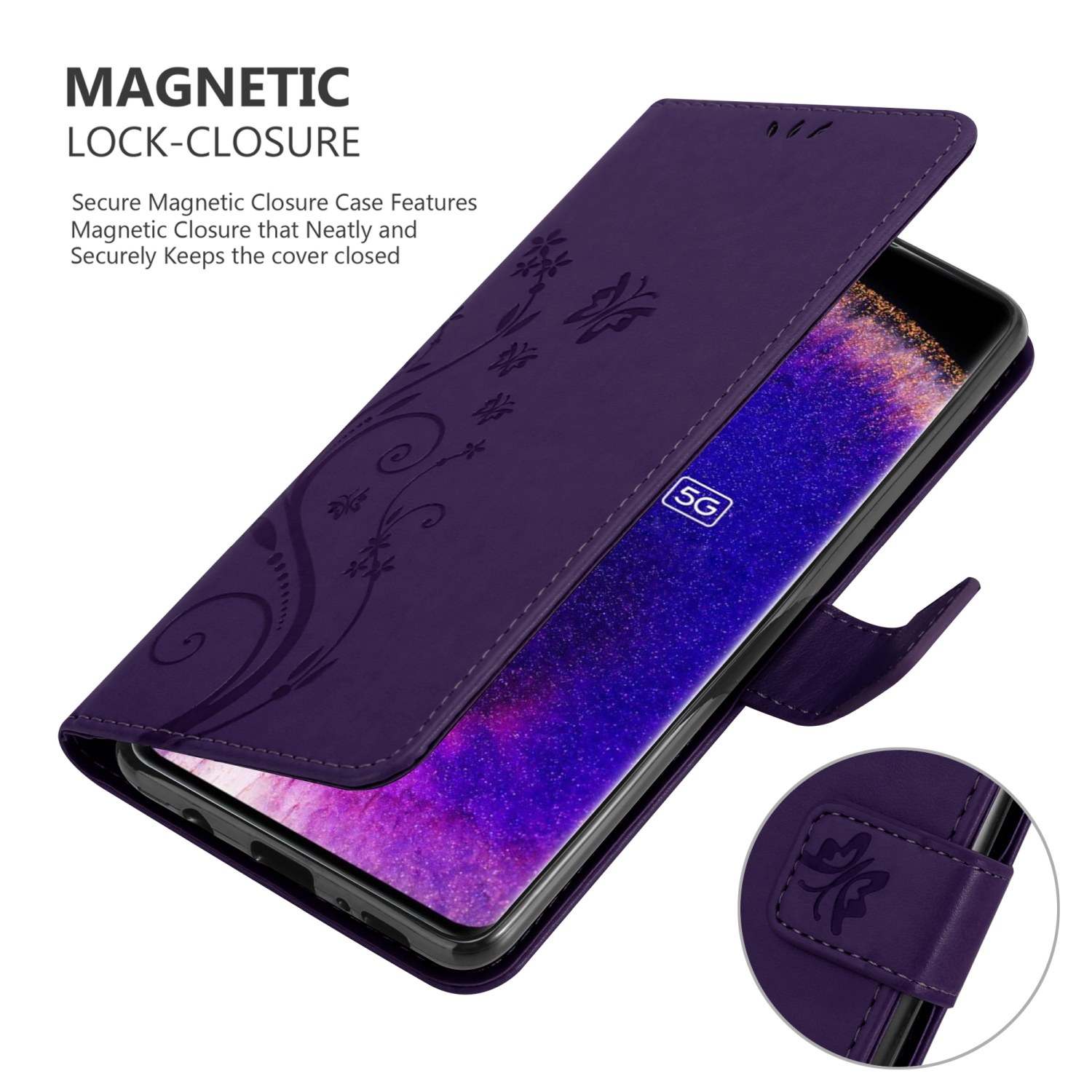 Custodia viola aperta, mostra lo schermo. Design floreale sulla cover. Piccolo dettaglio in basso a destra.