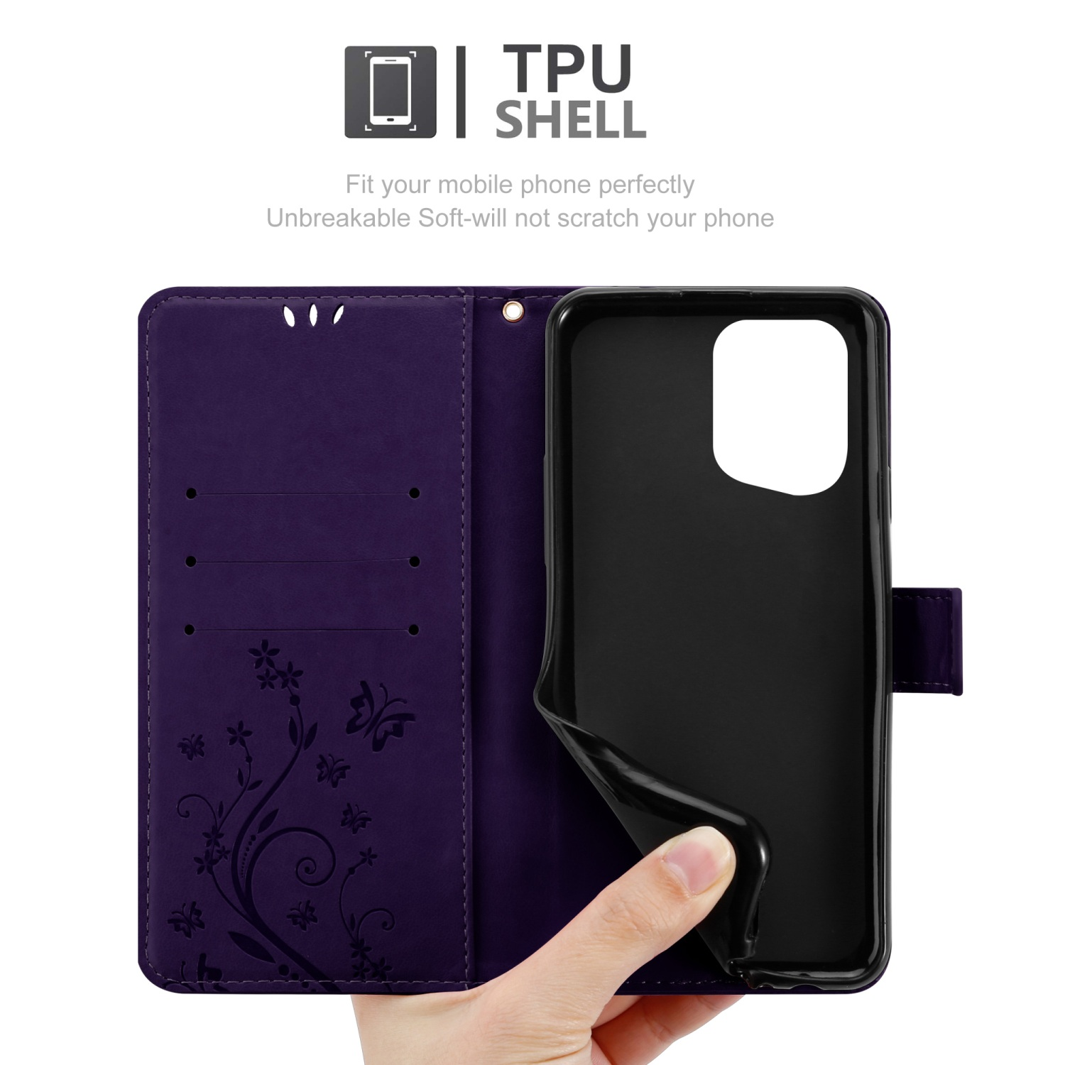 Custodia viola con design e mano che tiene il telefono. Testo: 'TPU SHELL'.