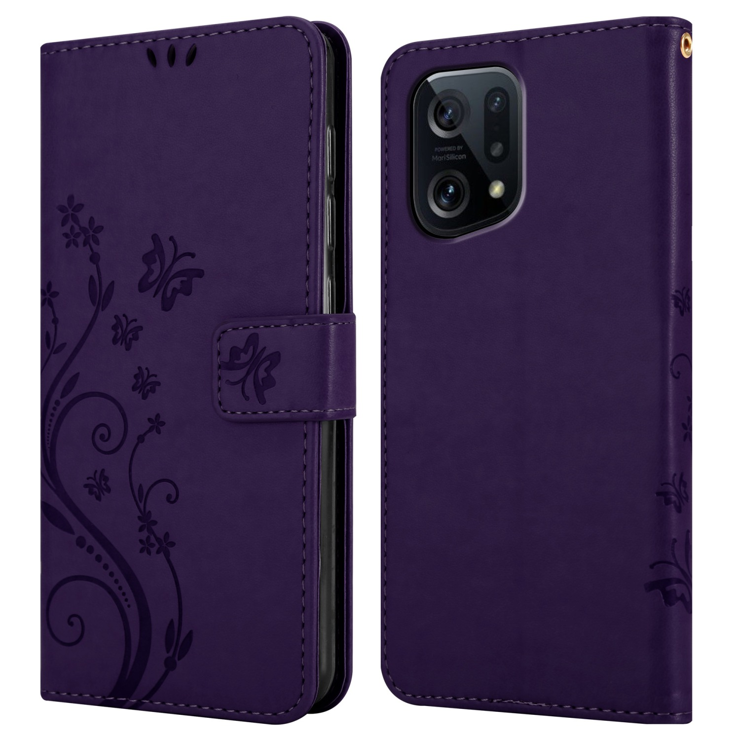 Custodia per telefono viola stile portafoglio. La custodia è aperta. C'è un telefono dentro. Motivi floreali e farfalle visibili.