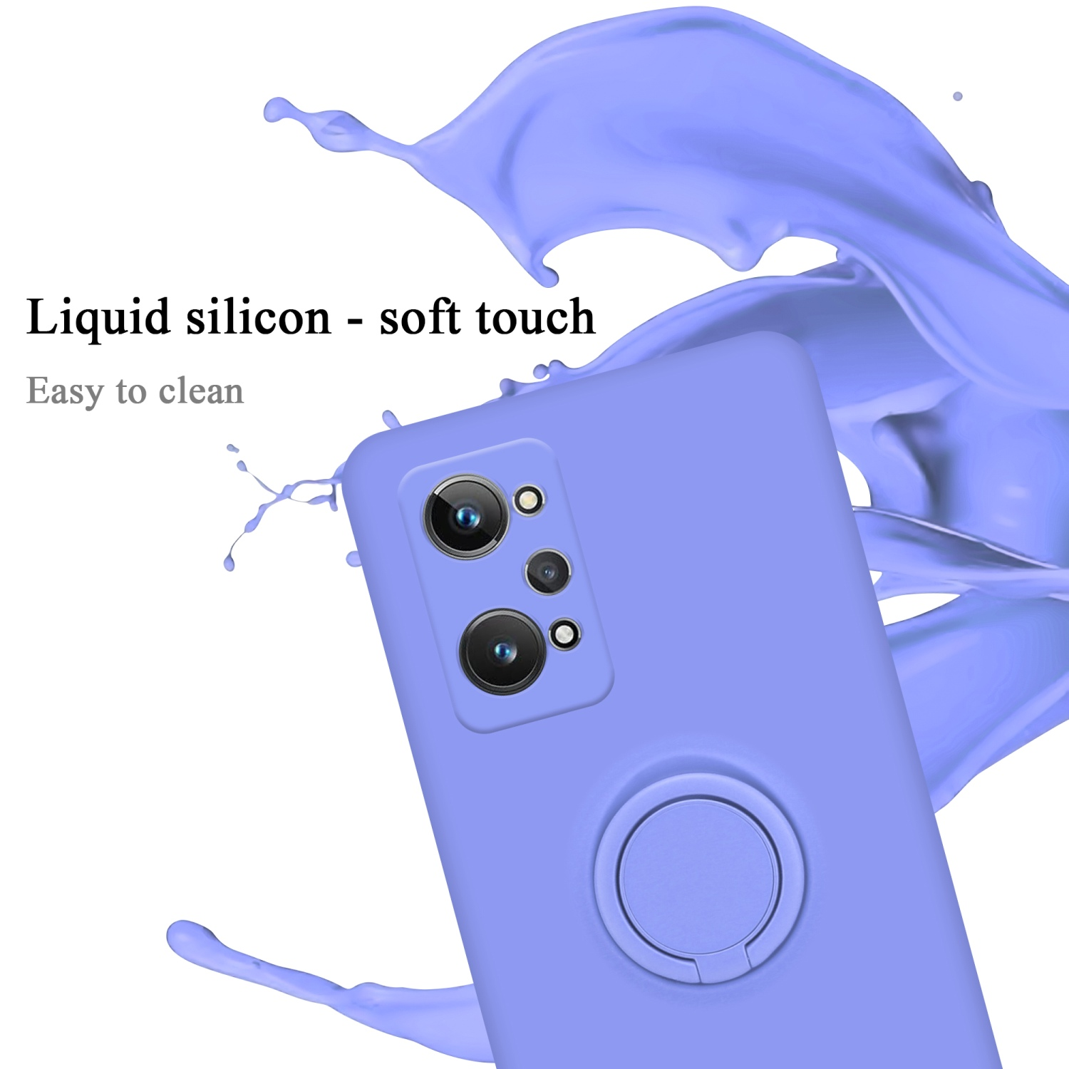 Custodia per telefono lilla con anello. Schizzo viola sullo sfondo. Testo: Silicone liquido-tocco morbido, facile da pulire.