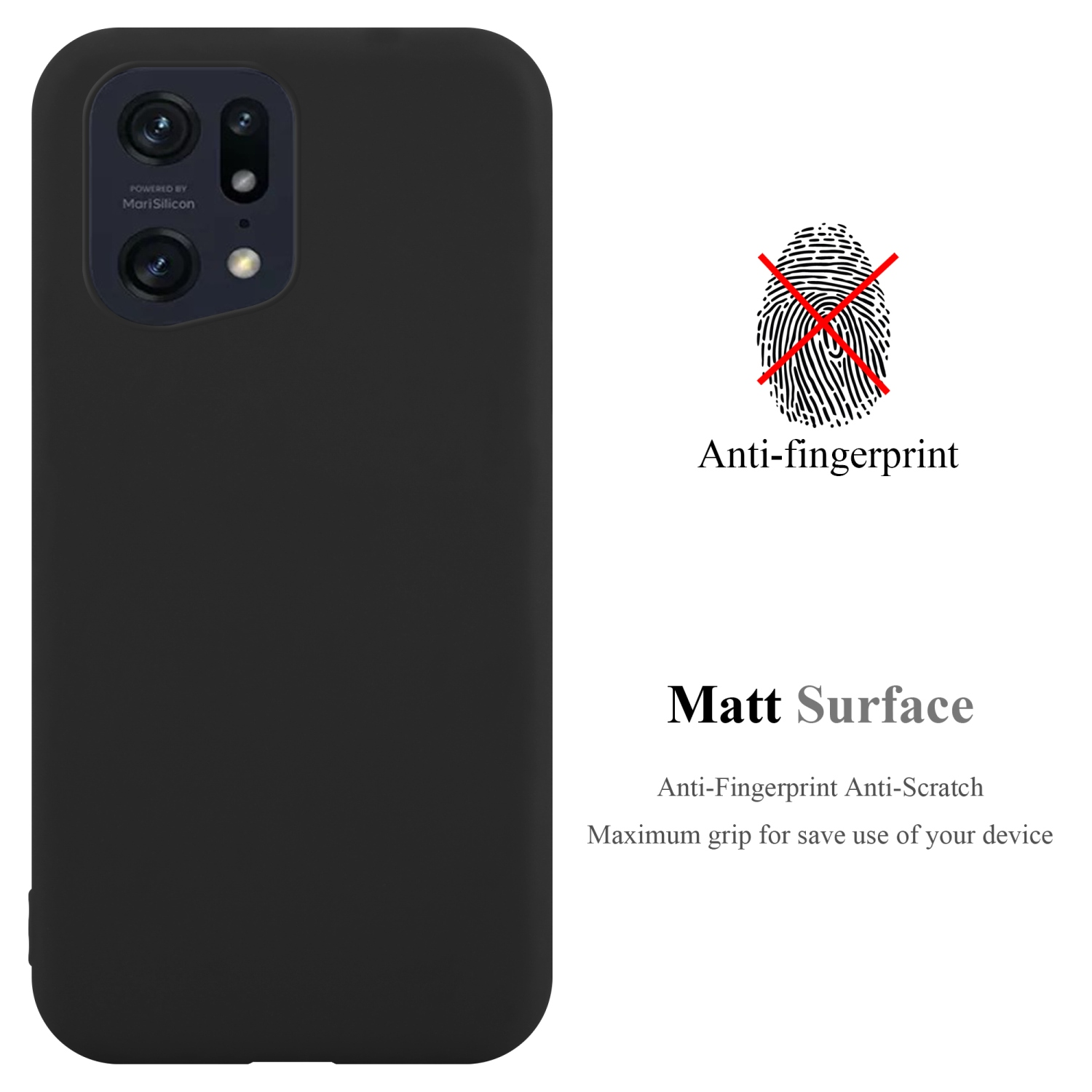 Custodia nera per telefono con superficie opaca e funzione anti-impronta. Simbolo impronta con croce rossa.