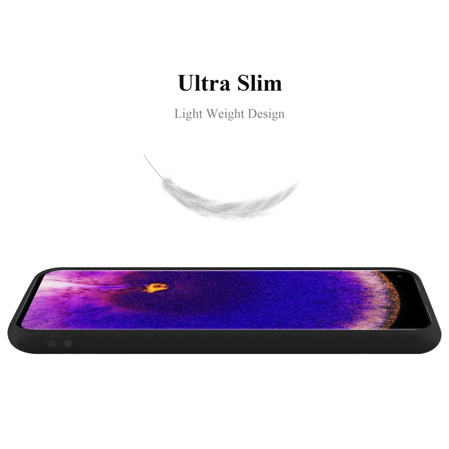 Una custodia per telefono nera ultrasottile con un display artistico è mostrata, e una piuma, evidenziando la leggerezza.