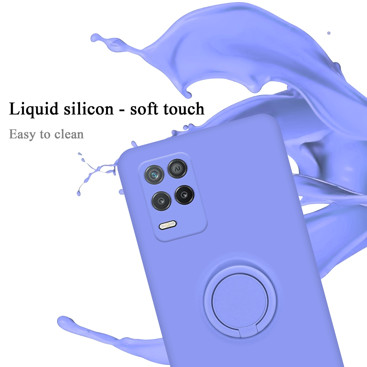 Custodia per telefono lilla con supporto ad anello. Schizzo di liquido bianco sullo sfondo.