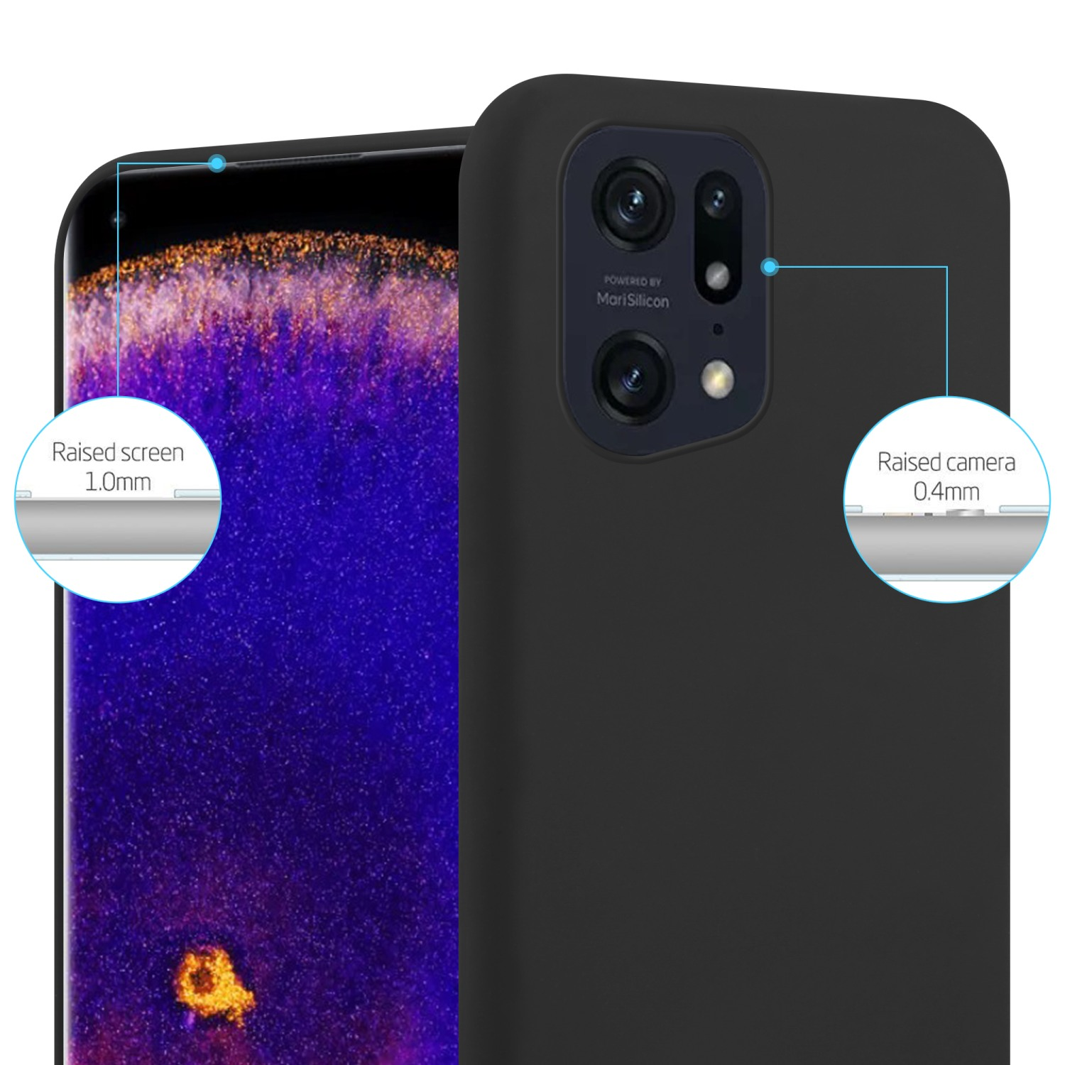 Custodia per telefono nera con schermo e area fotocamera rialzati, con dettagli.