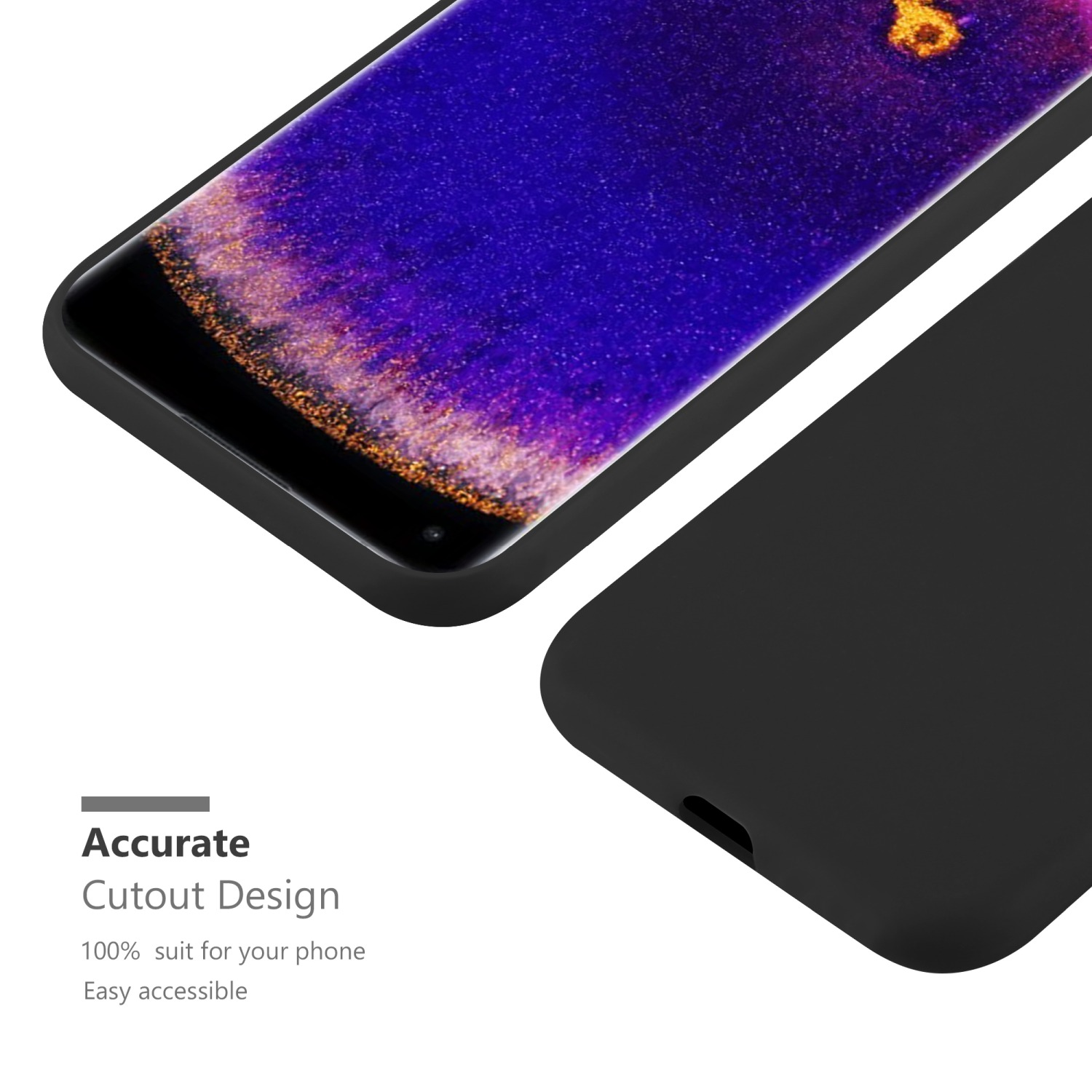 Primo piano di una custodia per telefono nera. Lo schermo del telefono mostra un design dorato.