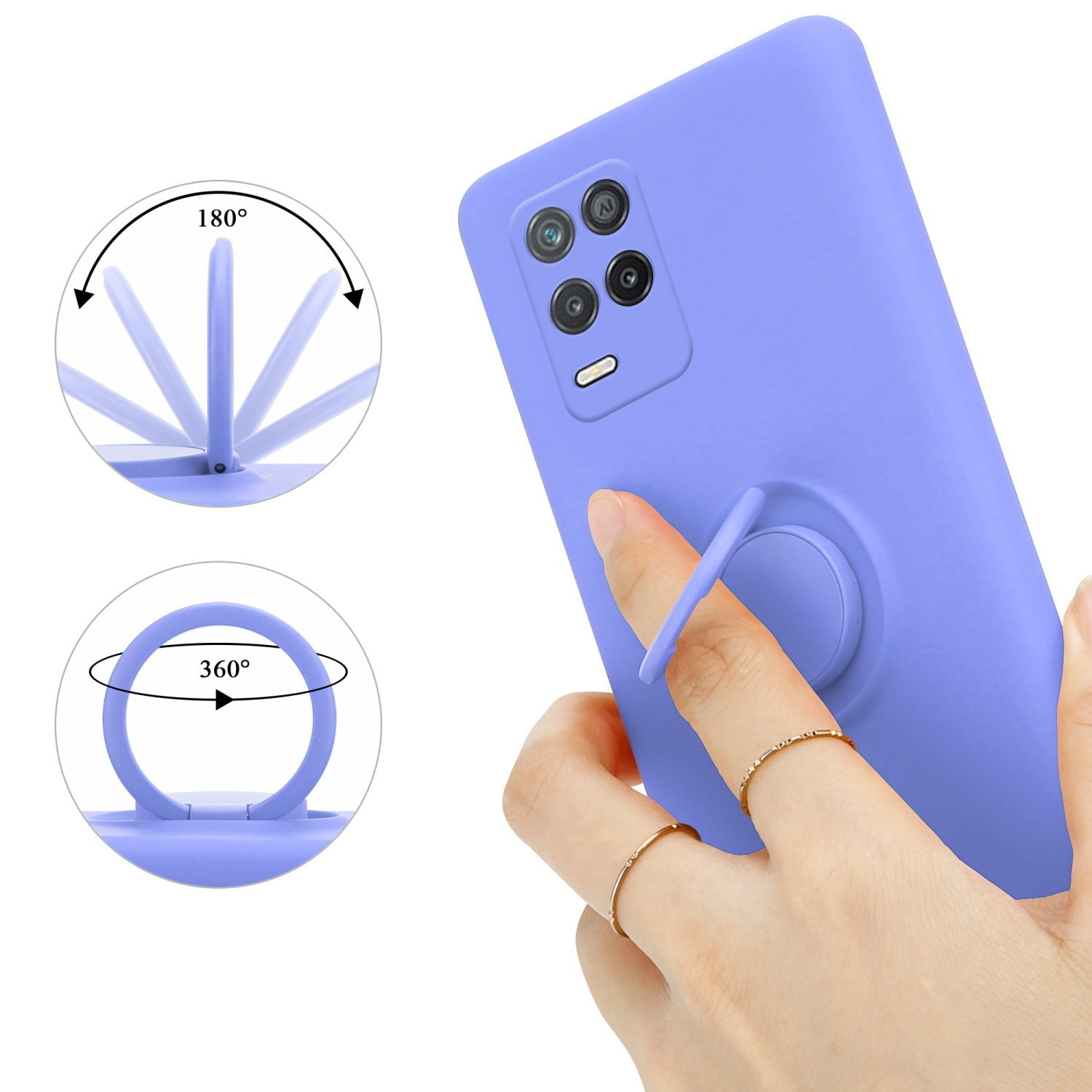 Custodia per telefono lavanda con anello di supporto. Una mano tiene l'anello, che può ruotare e girare.