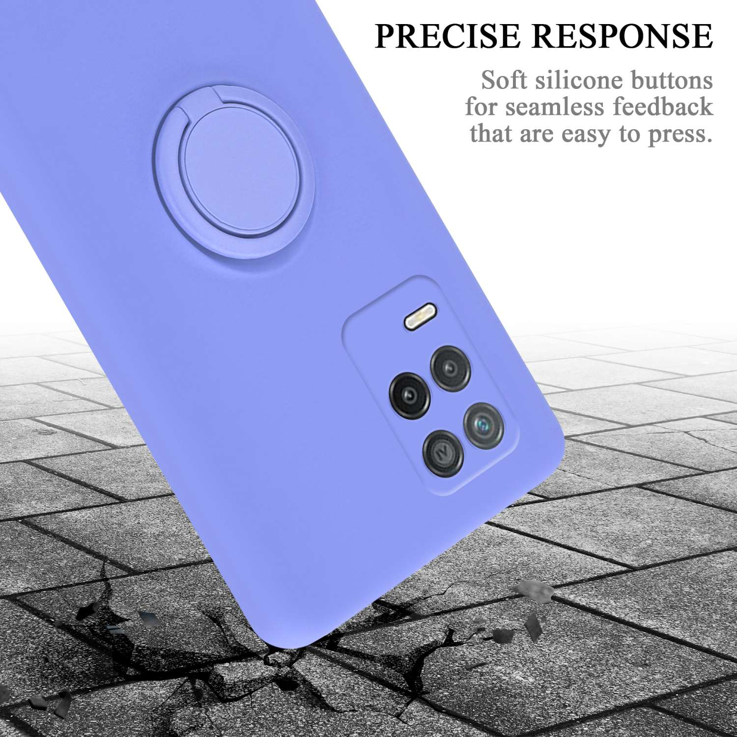 Una custodia per telefono viola chiaro con anello, un telefono con fotocamera, su un terreno grigio e sfondo bianco.