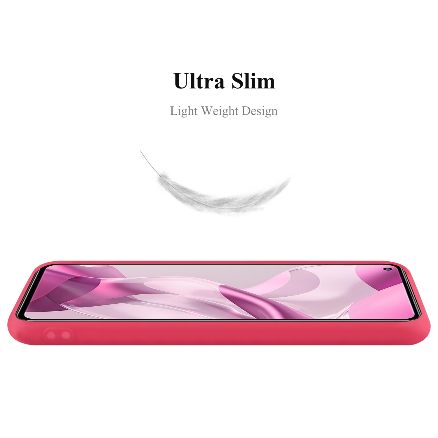 Rote Handyhülle Seitenansicht, mit Federgrafik. Text: 'Ultra Slim Light Weight Design'.