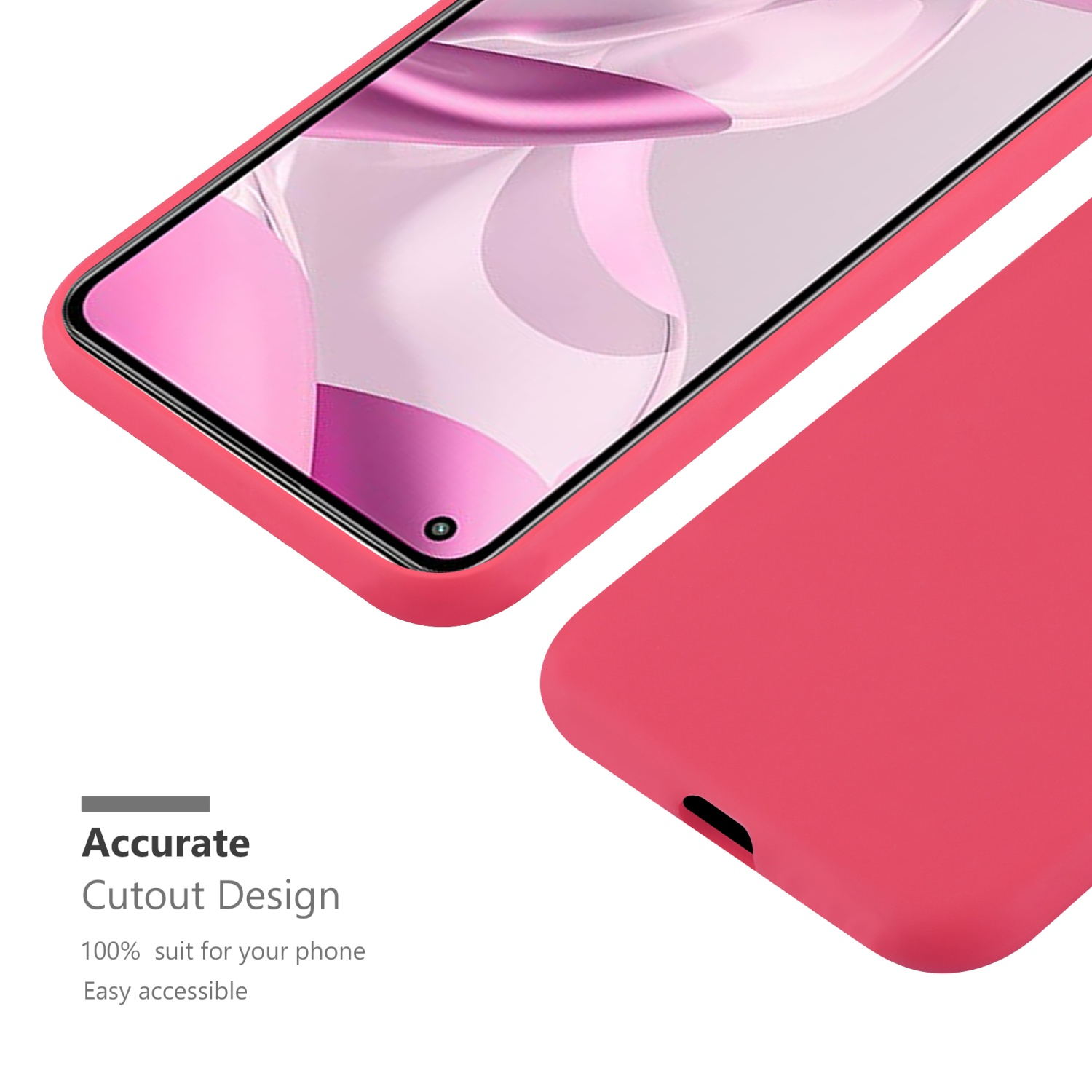 Eine korallenfarbene Handyhülle. Aussparungsdesign für ein Telefon. Zeigt einen Teil des Telefons innen.