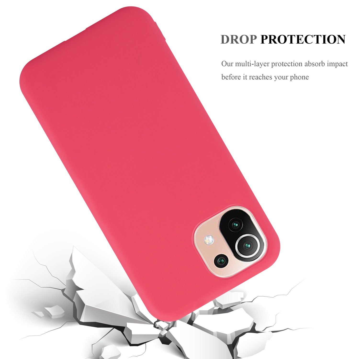 Eine korallenfarbene Handyhülle mit einem Telefon auf einer zerbrochenen Oberfläche.