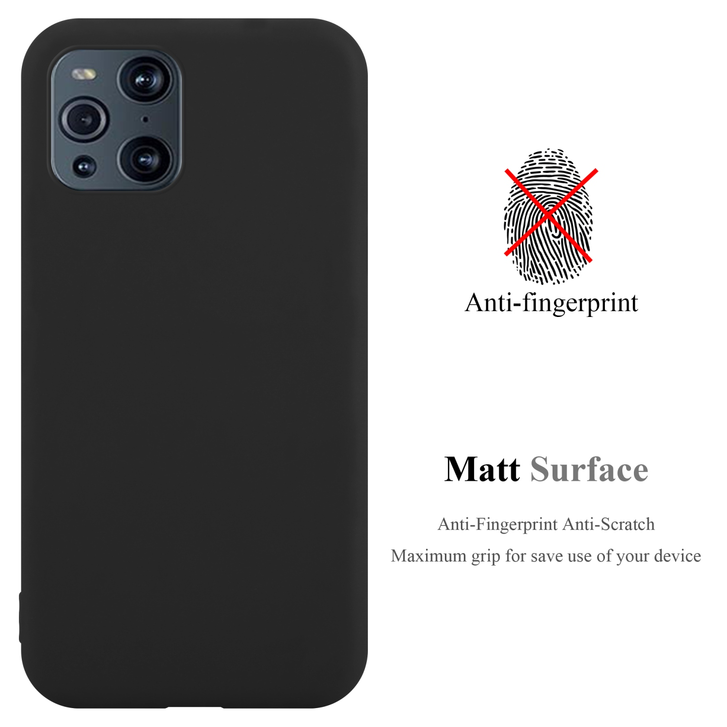 Schwarzes Telefon mit matter Oberfläche und Anti-Fingerabdruck-Text. Das Telefon ist vor weißem Hintergrund.