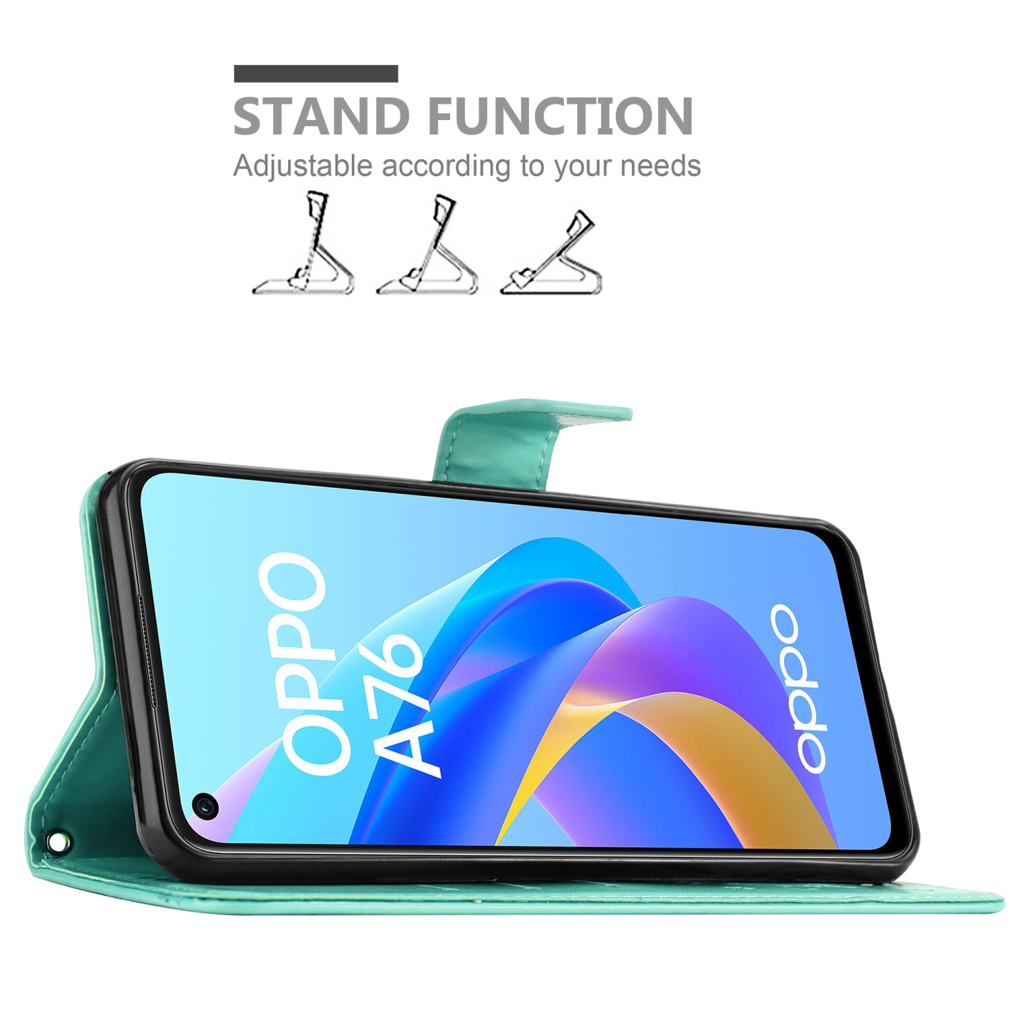 Una custodia per telefono verde con un supporto, con il telefono all'interno, che mostra lo schermo OPPO A76.