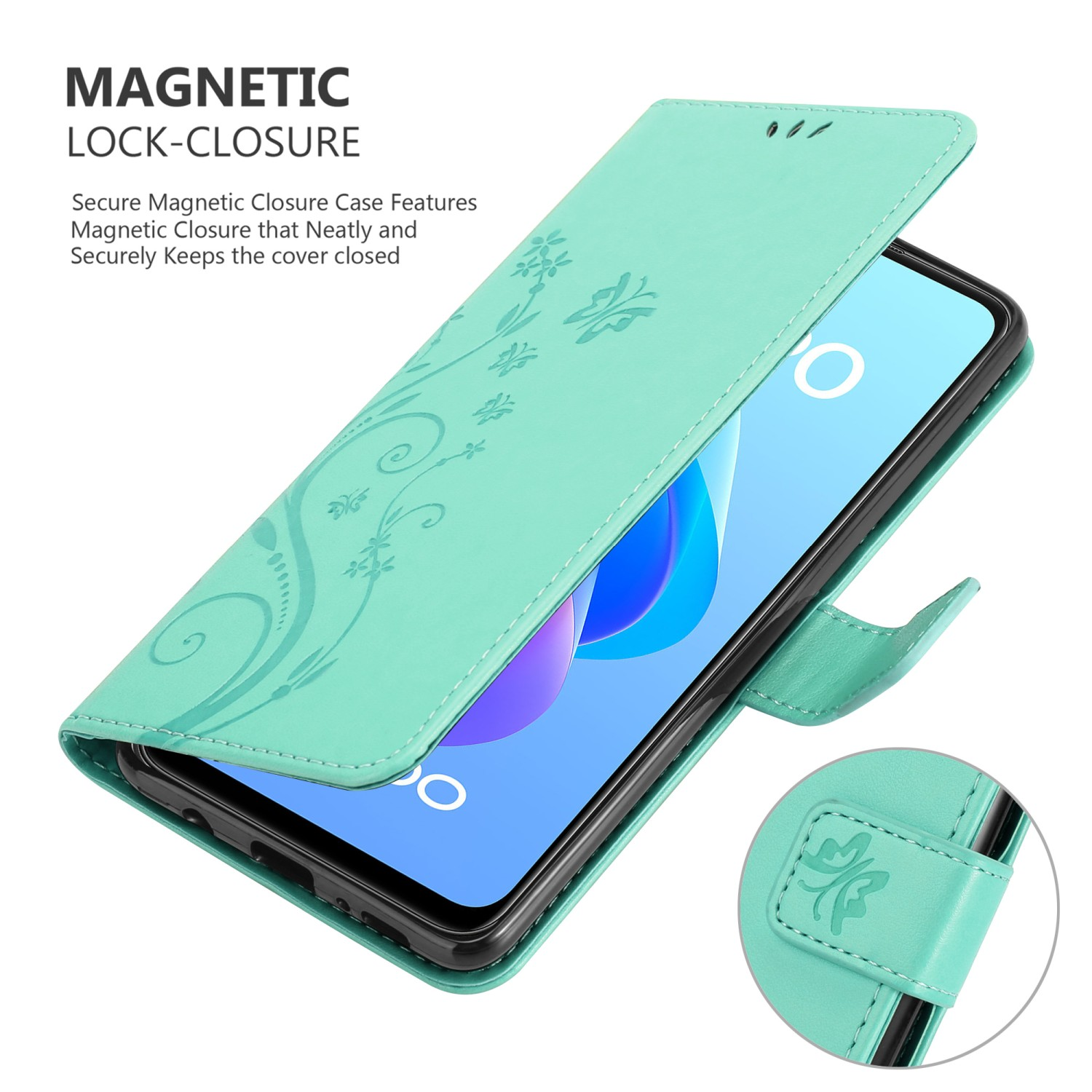 Custodia per telefono verde acqua aperta, mostra lo schermo del telefono con un design floreale. Testo: Chiusura magnetica.