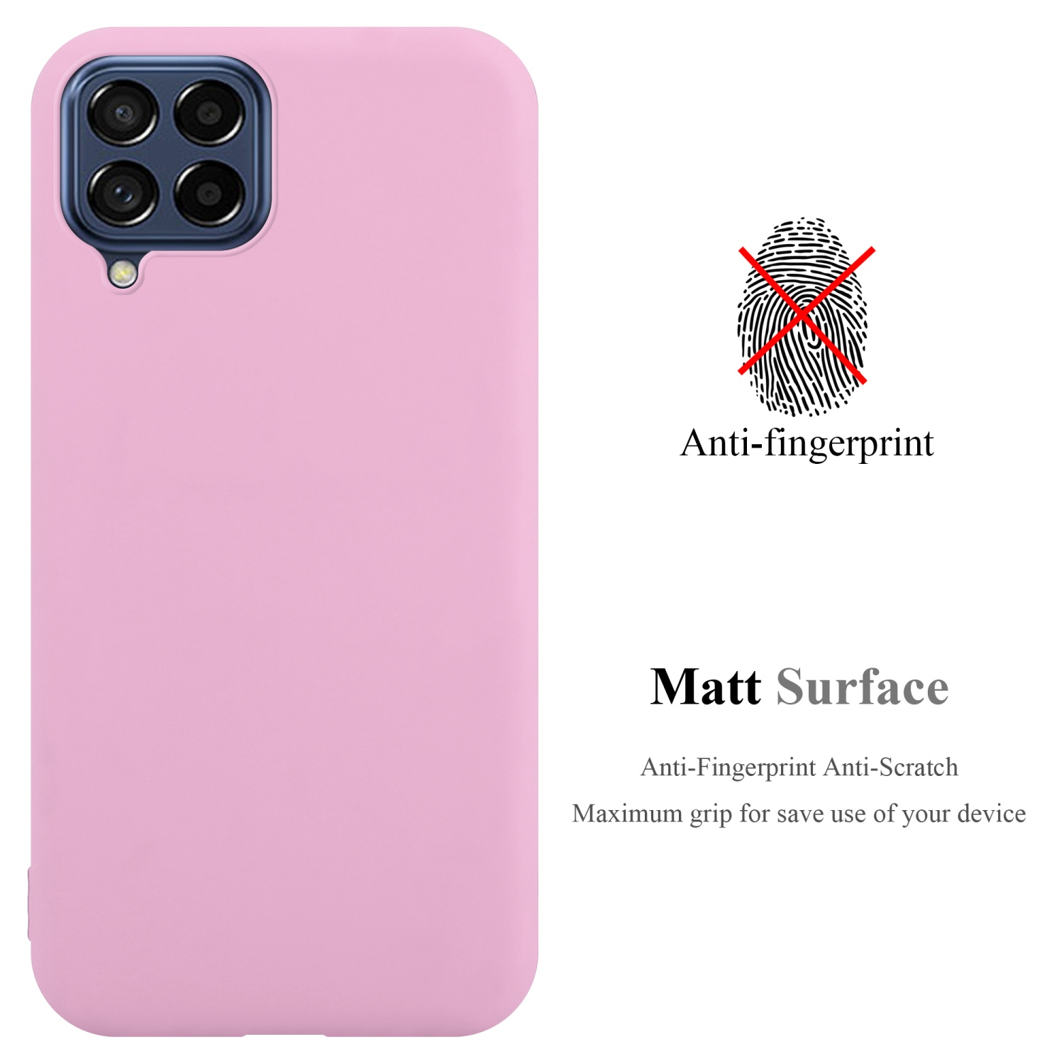 Rosa Handyhülle mit matter Oberfläche, Anti-Fingerabdruck- und Anti-Kratz-Funktionen. Text daneben.