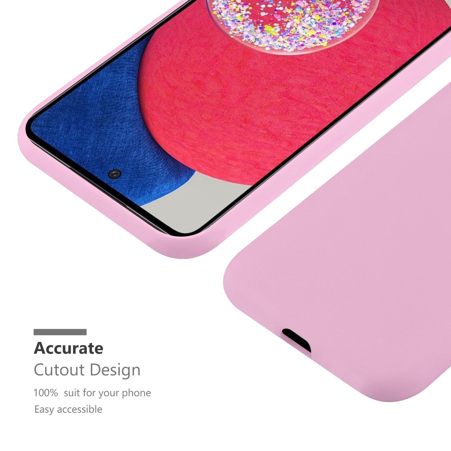 Rosa Handyhülle mit Telefon darin. Text: 'Präzises Ausschnittdesign'. Der Telefonbildschirm ist rosa.