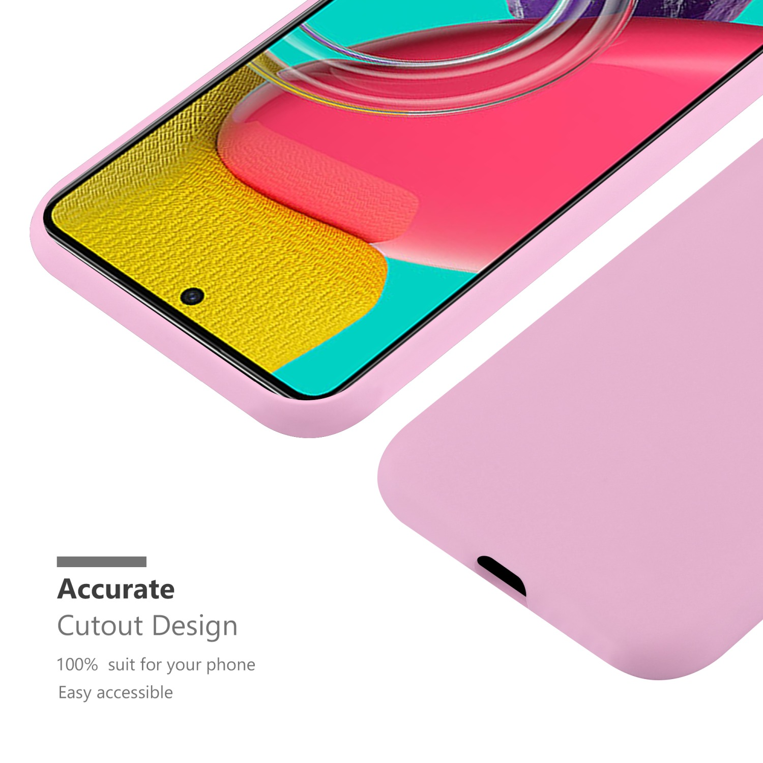 Eine rosa Handyhülle mit einem Telefon. Die Hülle ist ausgeschnitten. Der Bildschirm zeigt Rot und Gelb.