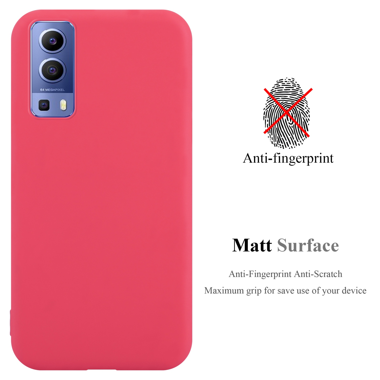 Custodia rossa con tre fotocamere. Testo: Anti-impronte, superficie opaca. Impronta barrata.