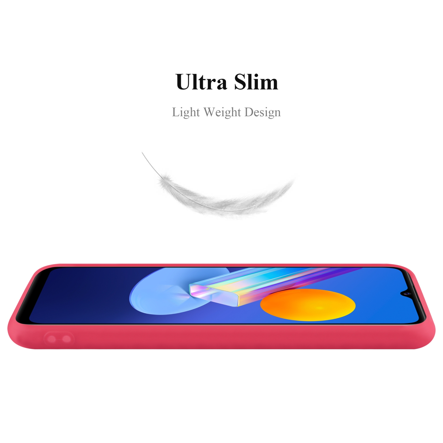 Custodia rosa per telefono su sfondo bianco, che mostra lo schermo del telefono e il testo "Ultra Slim, Light Weight Design".