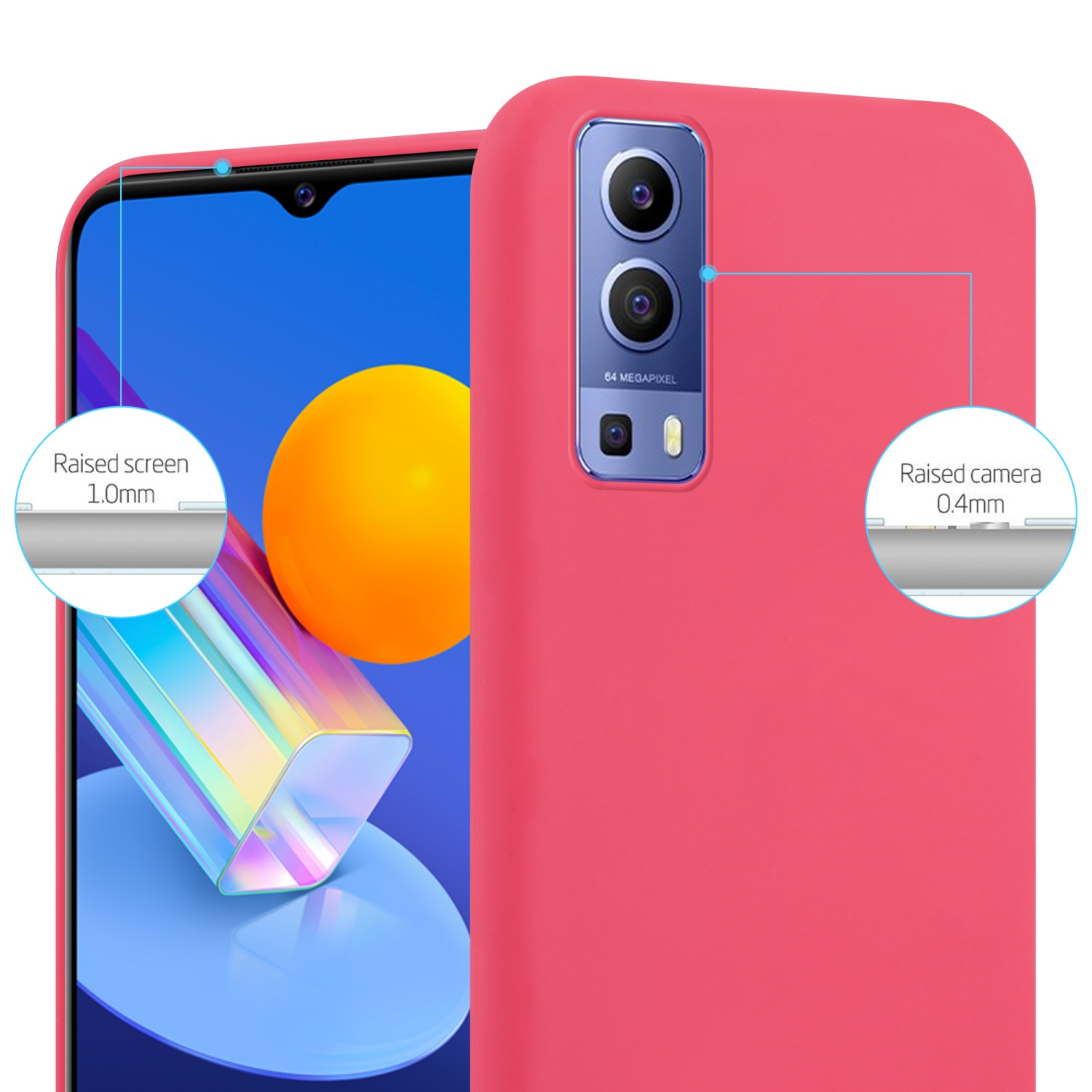 Custodia per telefono rosa con dettagli della fotocamera e dello schermo. Testo che indica che schermo e fotocamera sono rialzati.