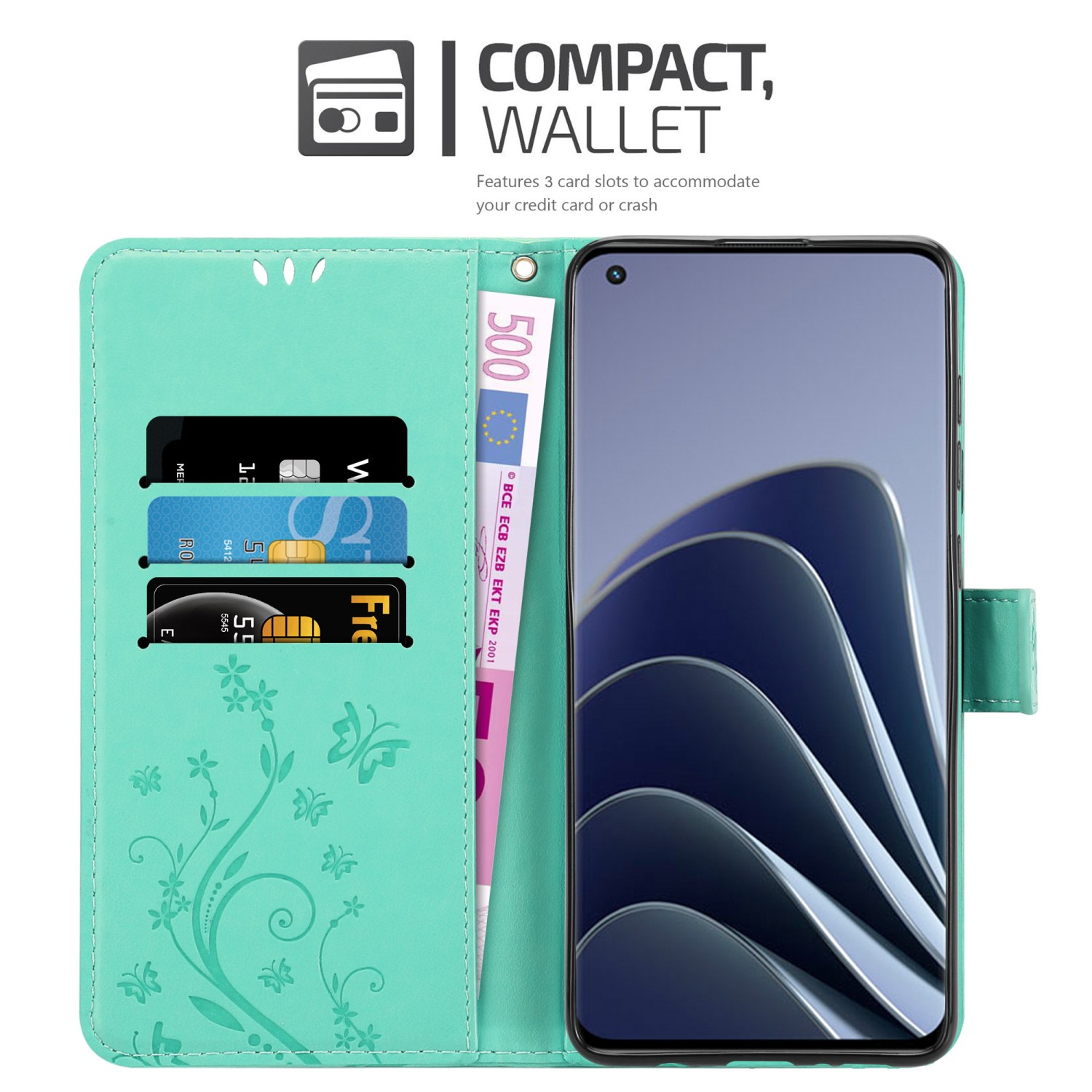 Custodia a portafoglio per telefono aperta con telefono e carte visibili. Il telefono ha uno schermo con sfondo blu scuro. Euro.