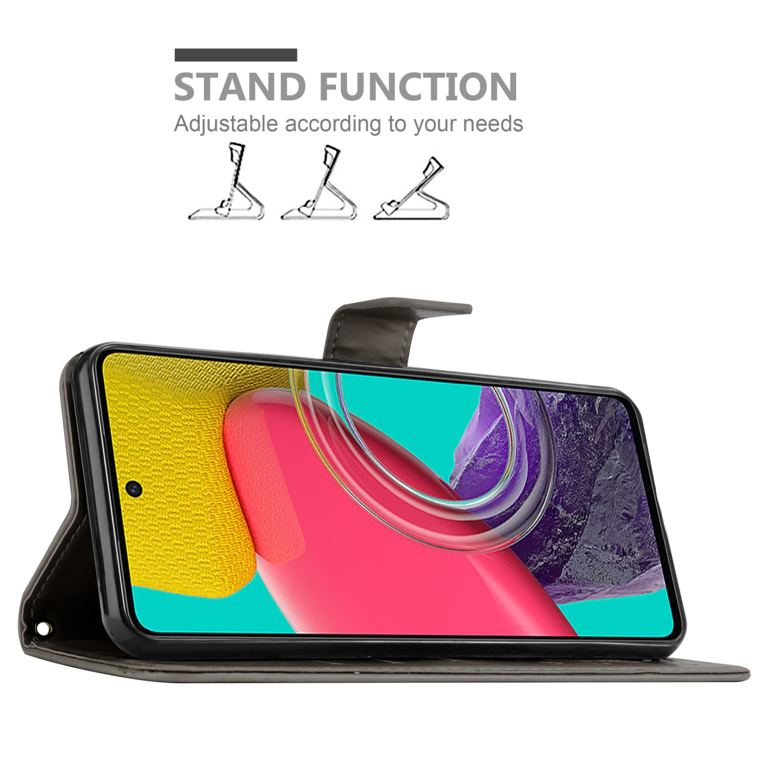 Custodia per telefono con funzione supporto. Custodia nera con telefono all'interno. Il testo dice 'Stand Function'.