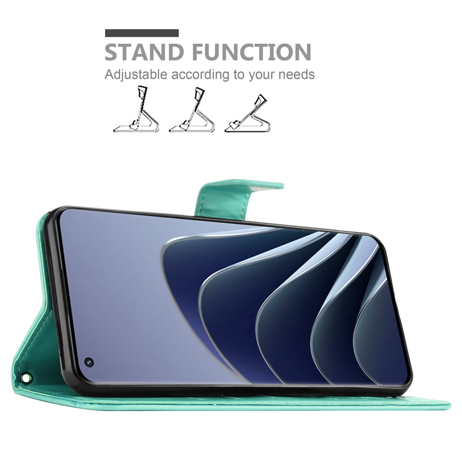 Custodia verde acqua aperta. Schermo del telefono visibile. Testo: Funzione stand, regolabile.