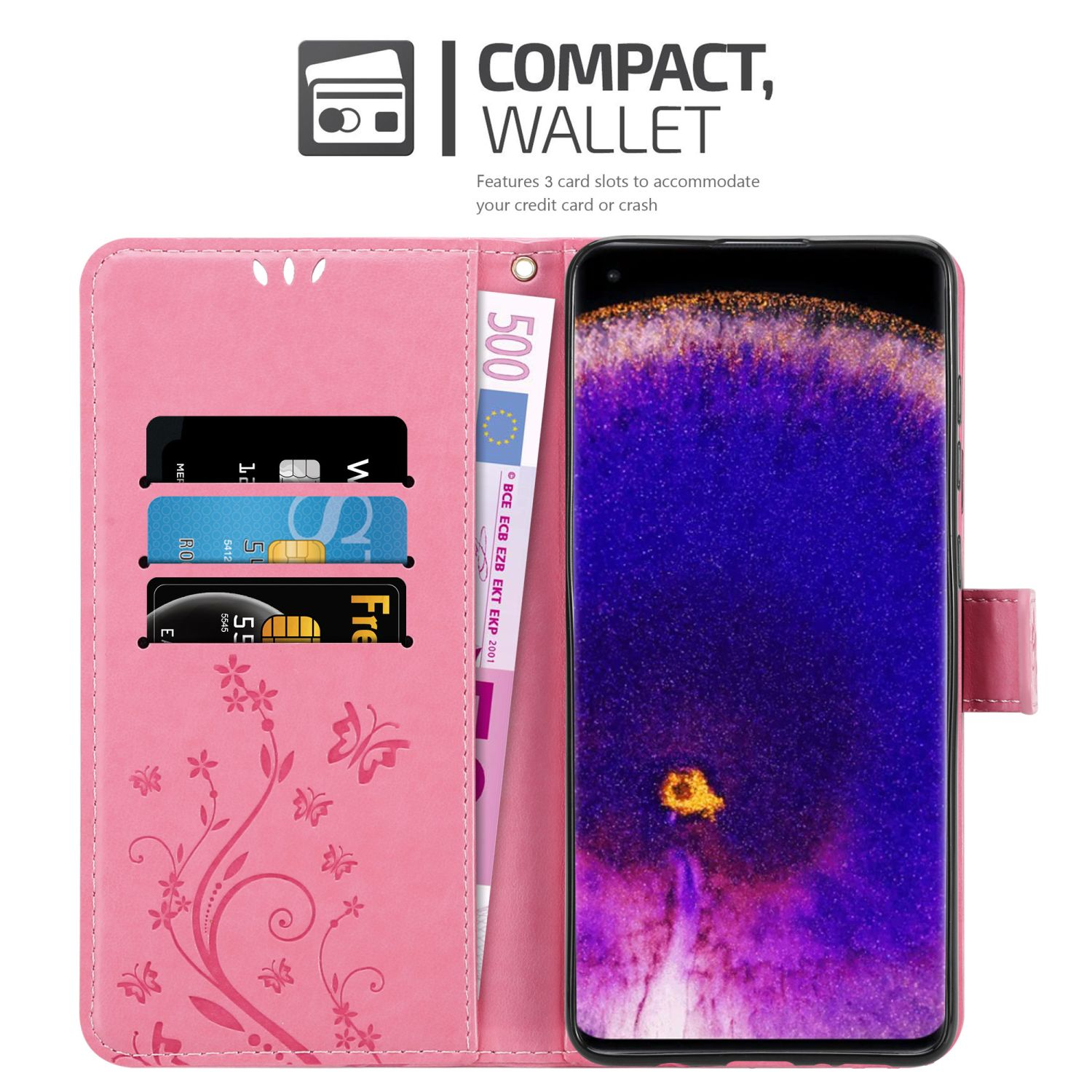 Custodia a portafoglio rosa per telefono con carte e denaro all'interno. Schermo del telefono nero. Design floreale.