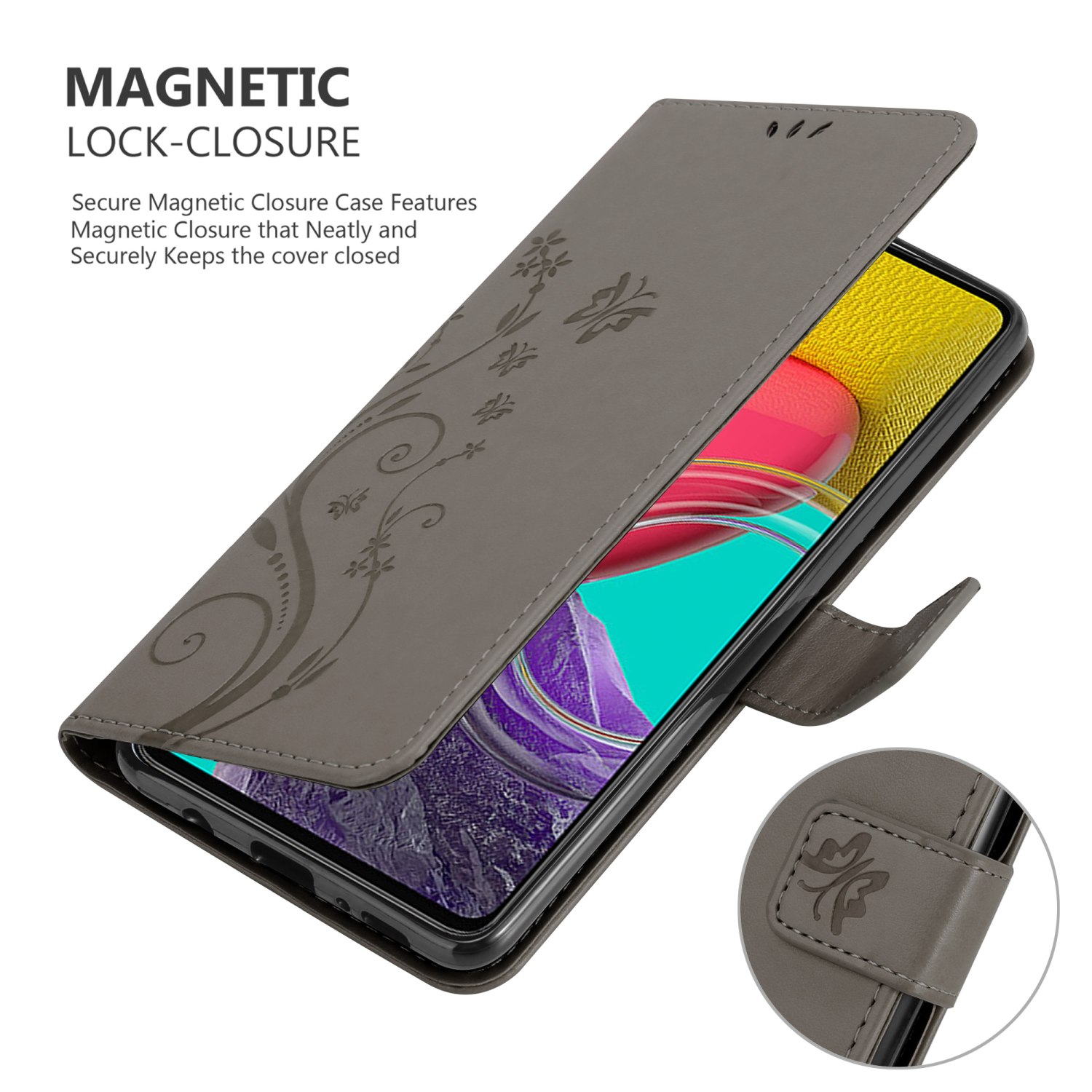 Custodia grigia con design floreale, aperta per rivelare lo schermo del telefono, primo piano della chiusura.