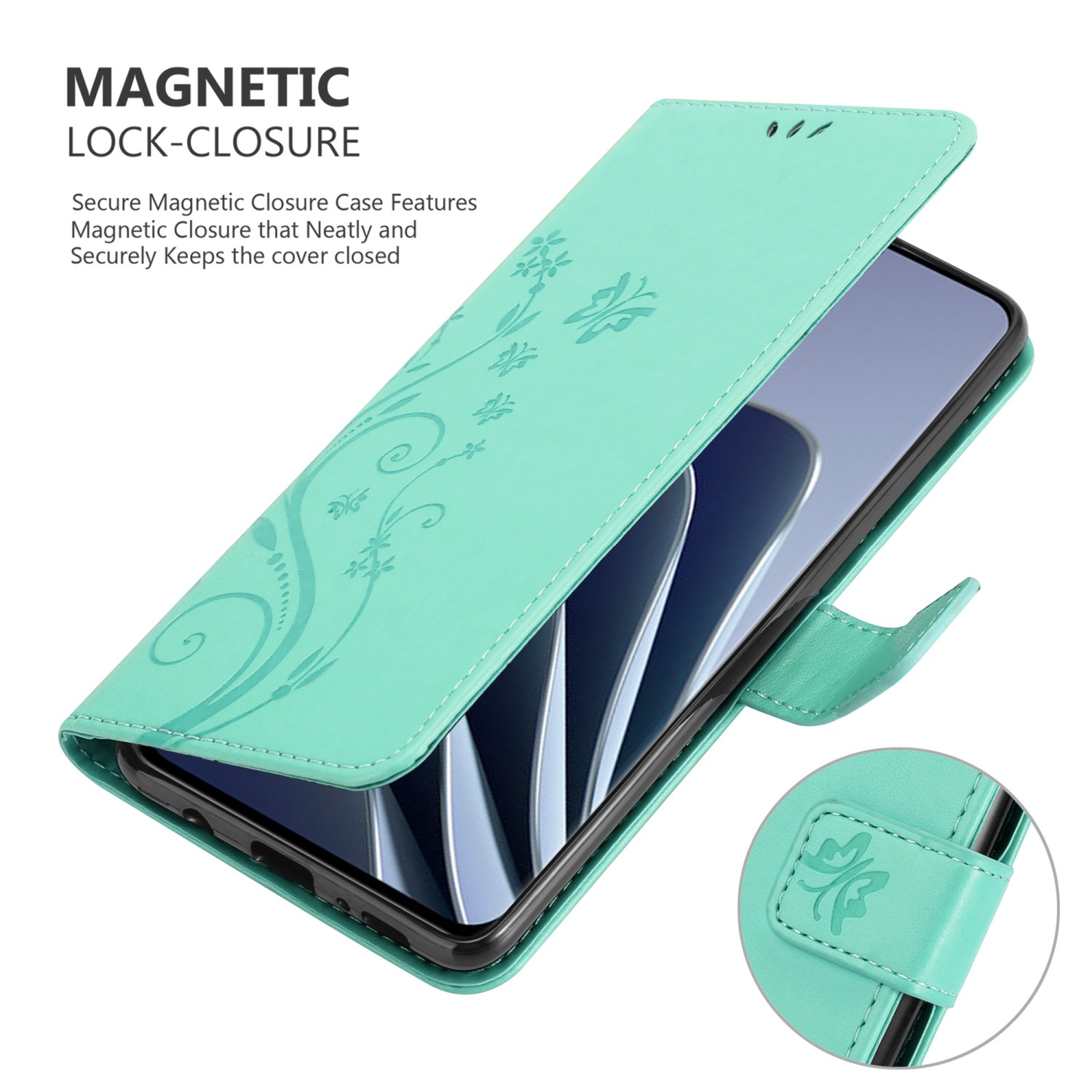 Una custodia per telefono verde acqua è aperta, che rivela un telefono. La custodia presenta un design floreale. Una vista più piccola mostra la chiusura.