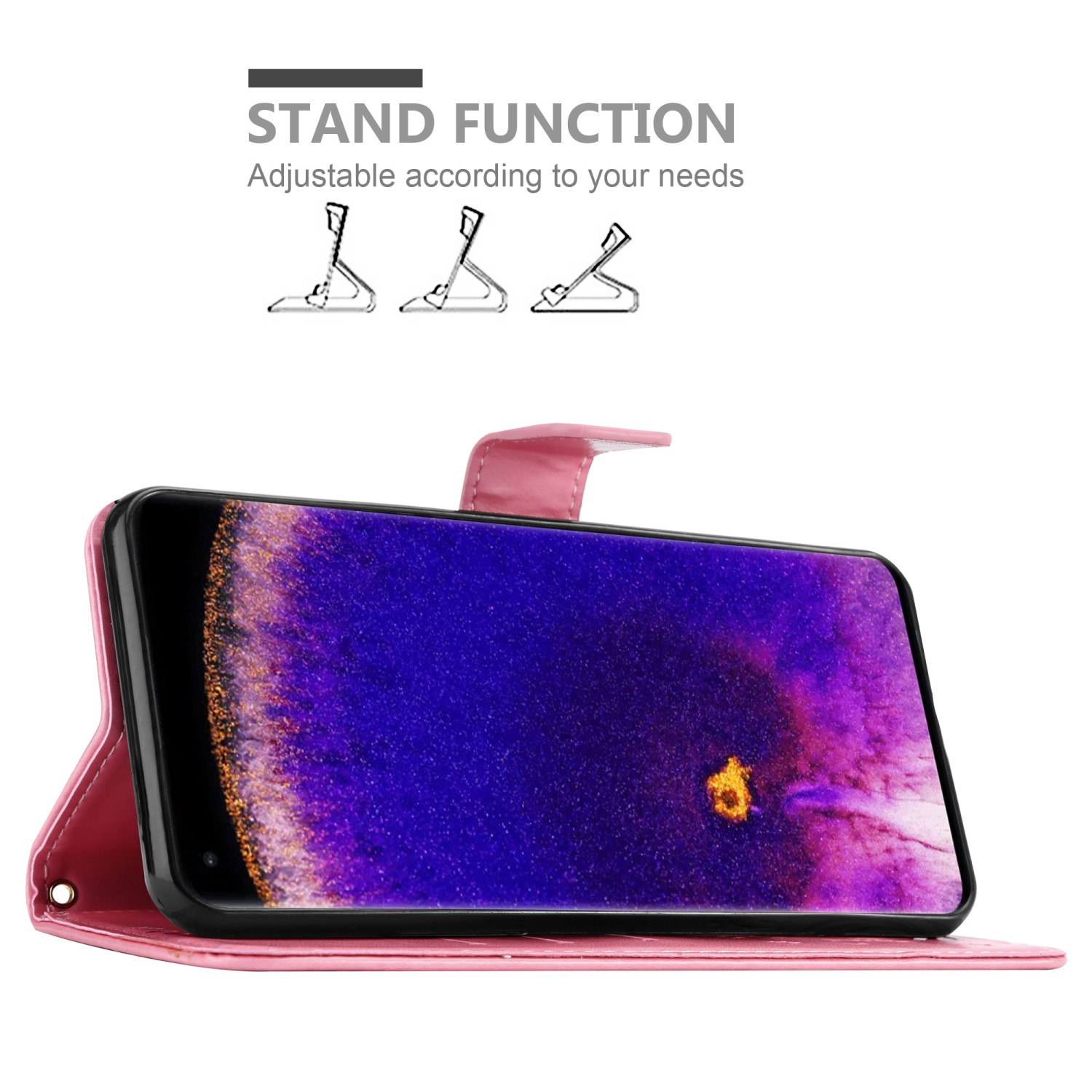 Custodia rosa per telefono aperta con telefono. Il testo indica la funzione stand.