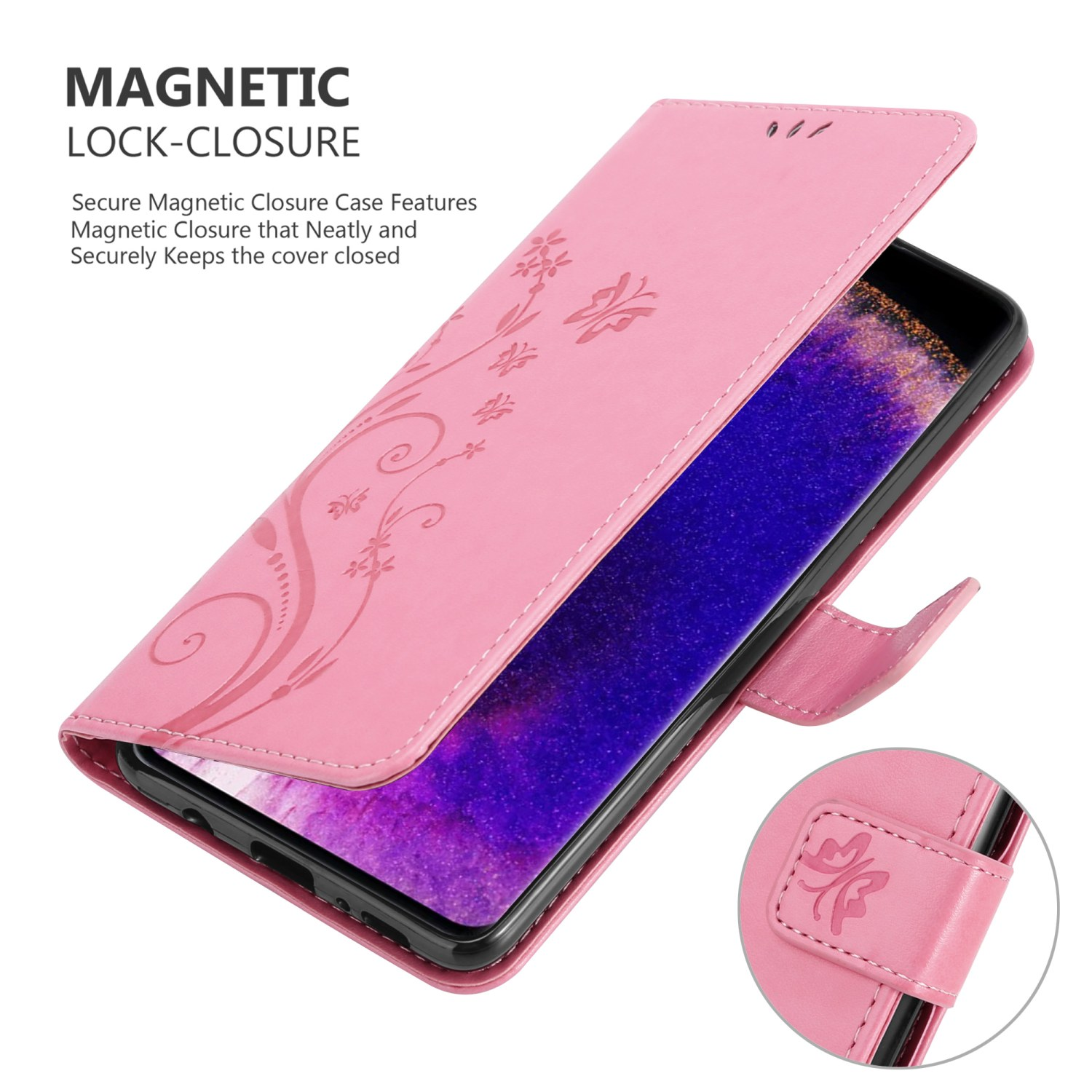 Custodia rosa floreale aperta. Telefono dentro. Chiusura magnetica.
