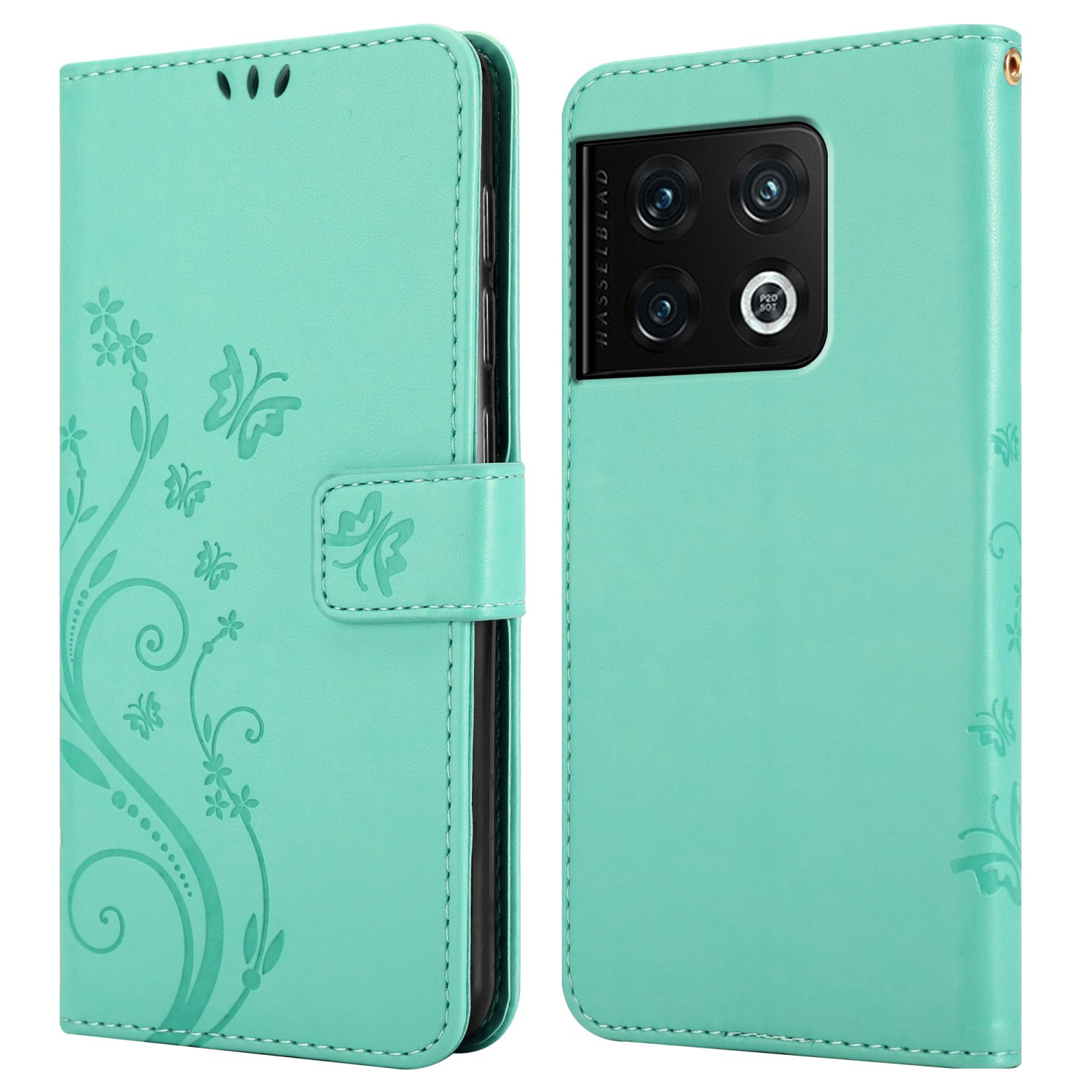 Custodia turchese per telefono con motivi floreali e farfalle. Il telefono ha una fotocamera.