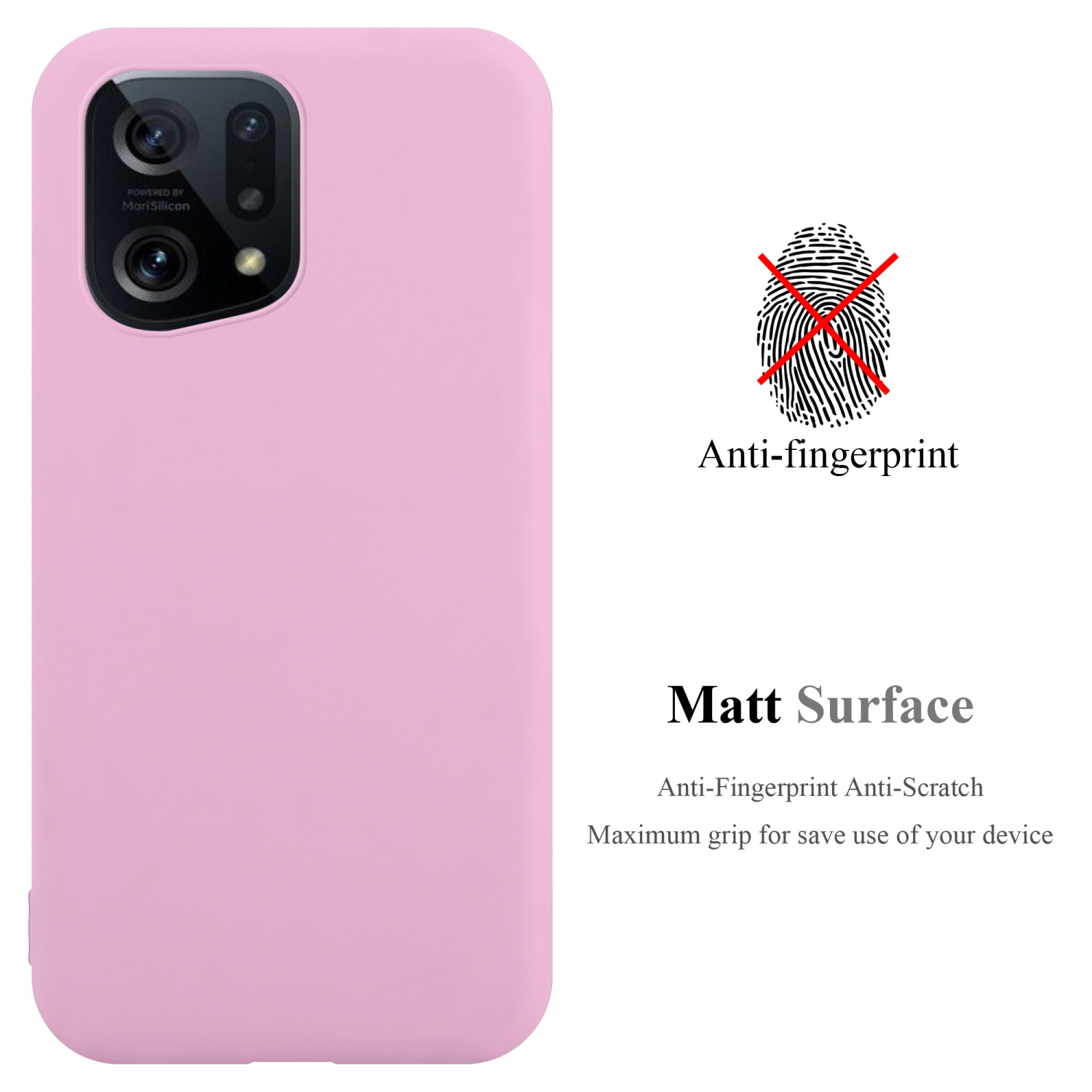 Custodia rosa per telefono con caratteristiche anti-impronta e superficie opaca. Testo laterale.
