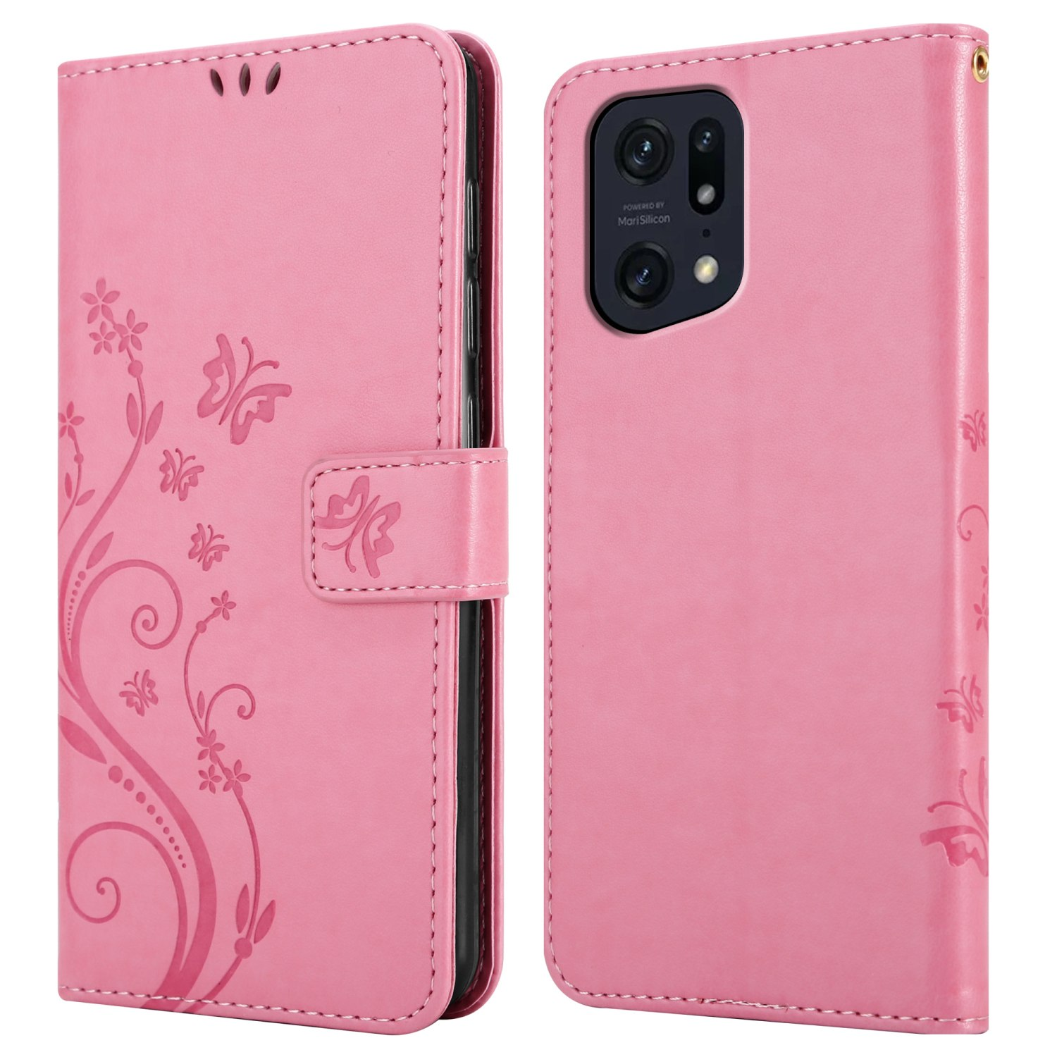 Custodia rosa, aperta, telefono dentro. Design floreale e farfalle. Fotocamera del telefono visibile.