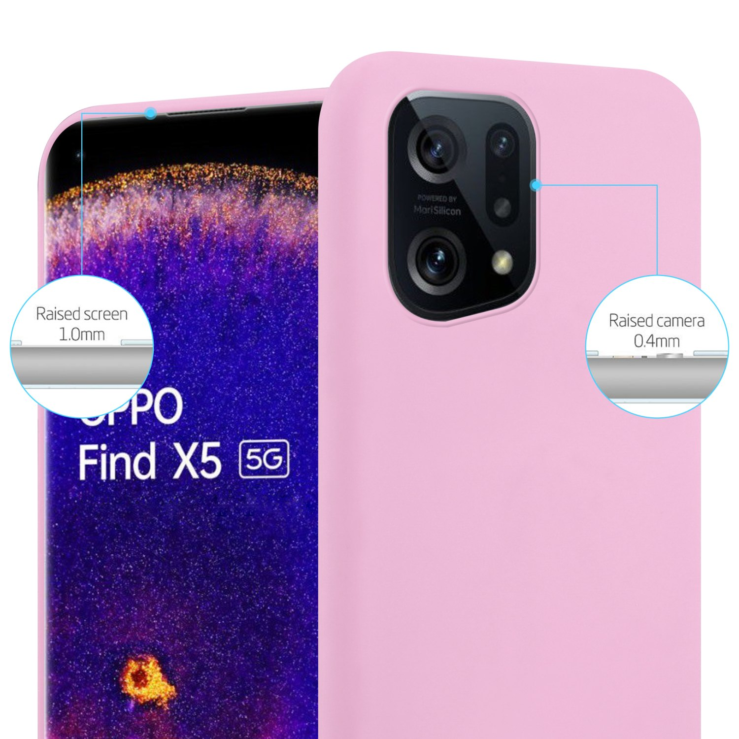 Una custodia rosa per telefono con protezione rialzata dello schermo e della fotocamera, con testo che descrive i bordi rialzati.