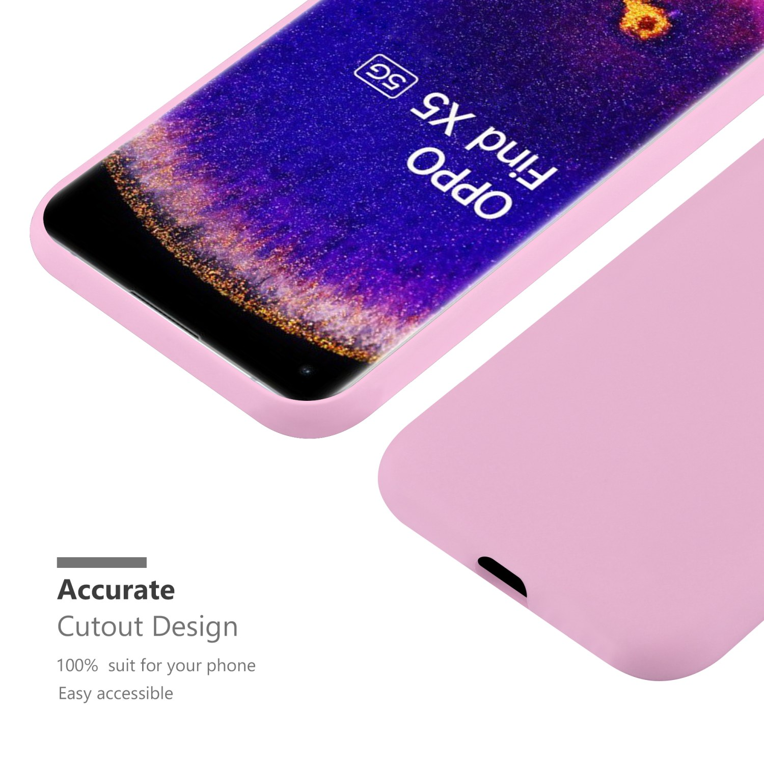 Custodia rosa per telefono OPPO Find X5 5G. Testo: Design preciso.